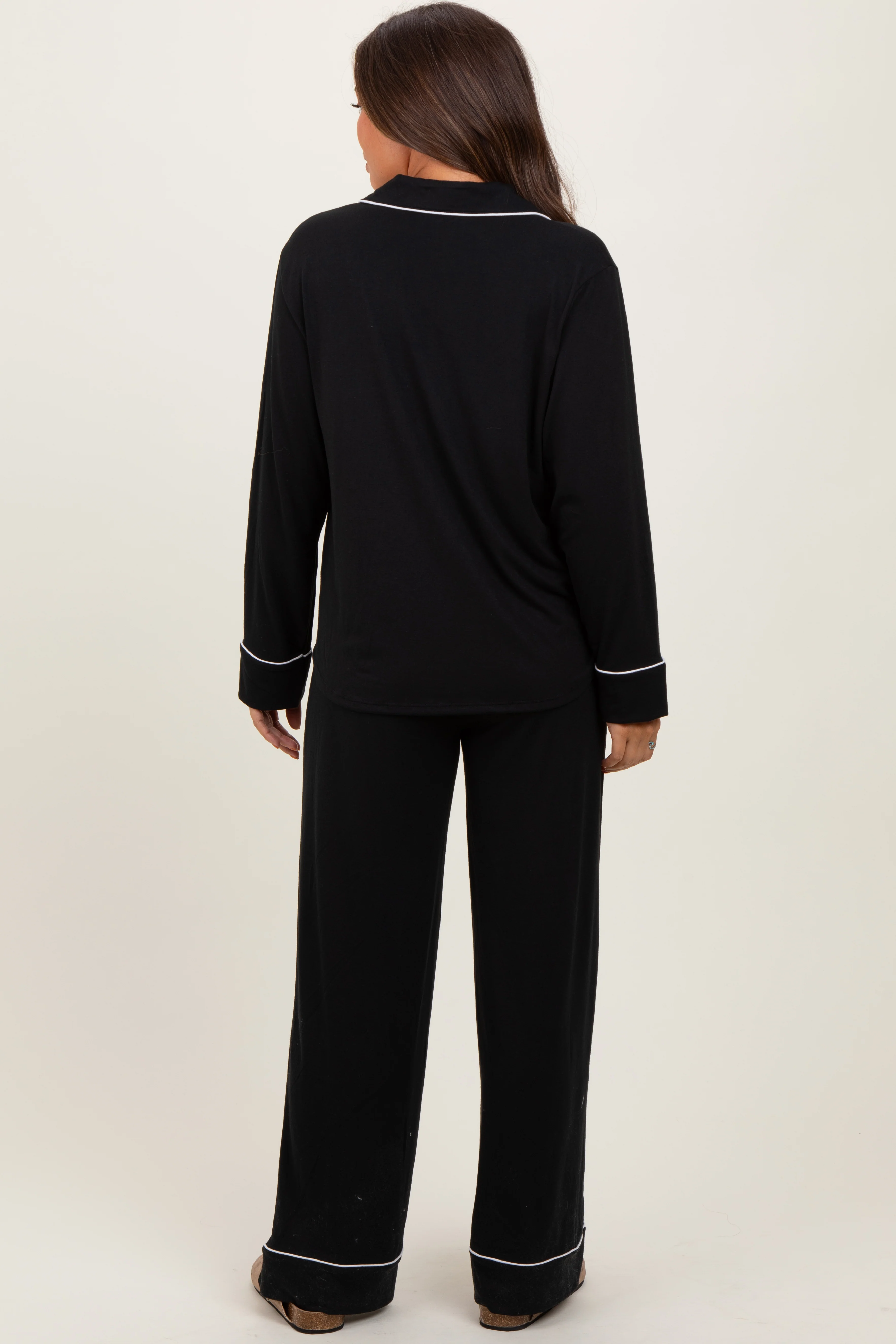 Black Button Down Top Wide Leg Pant Maternity Pajama Set - Image 4