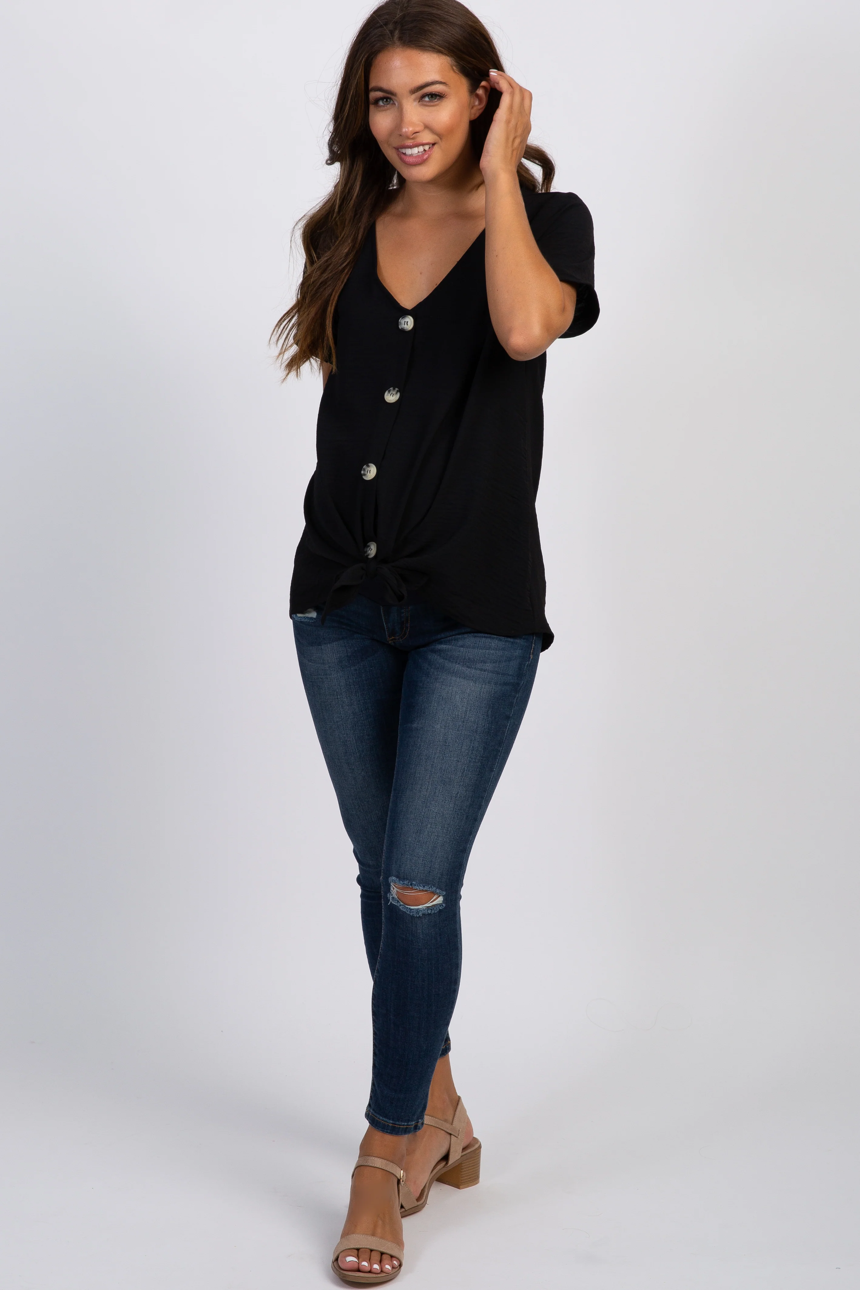 Black Button Tie Front Maternity Top - Image 4