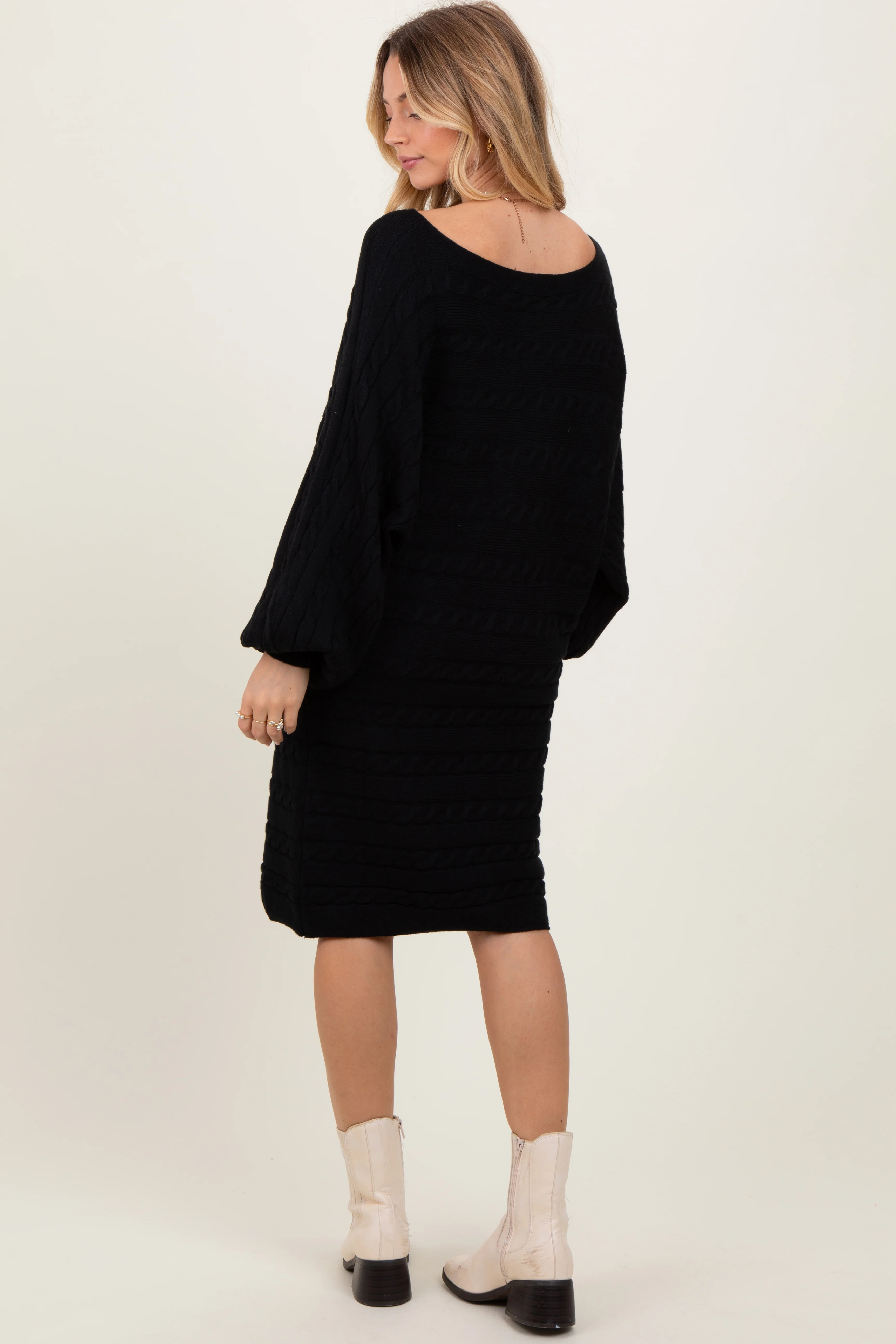 Black Cable Knit Dolman Sleeve Sweater Mini Dress - Image 4