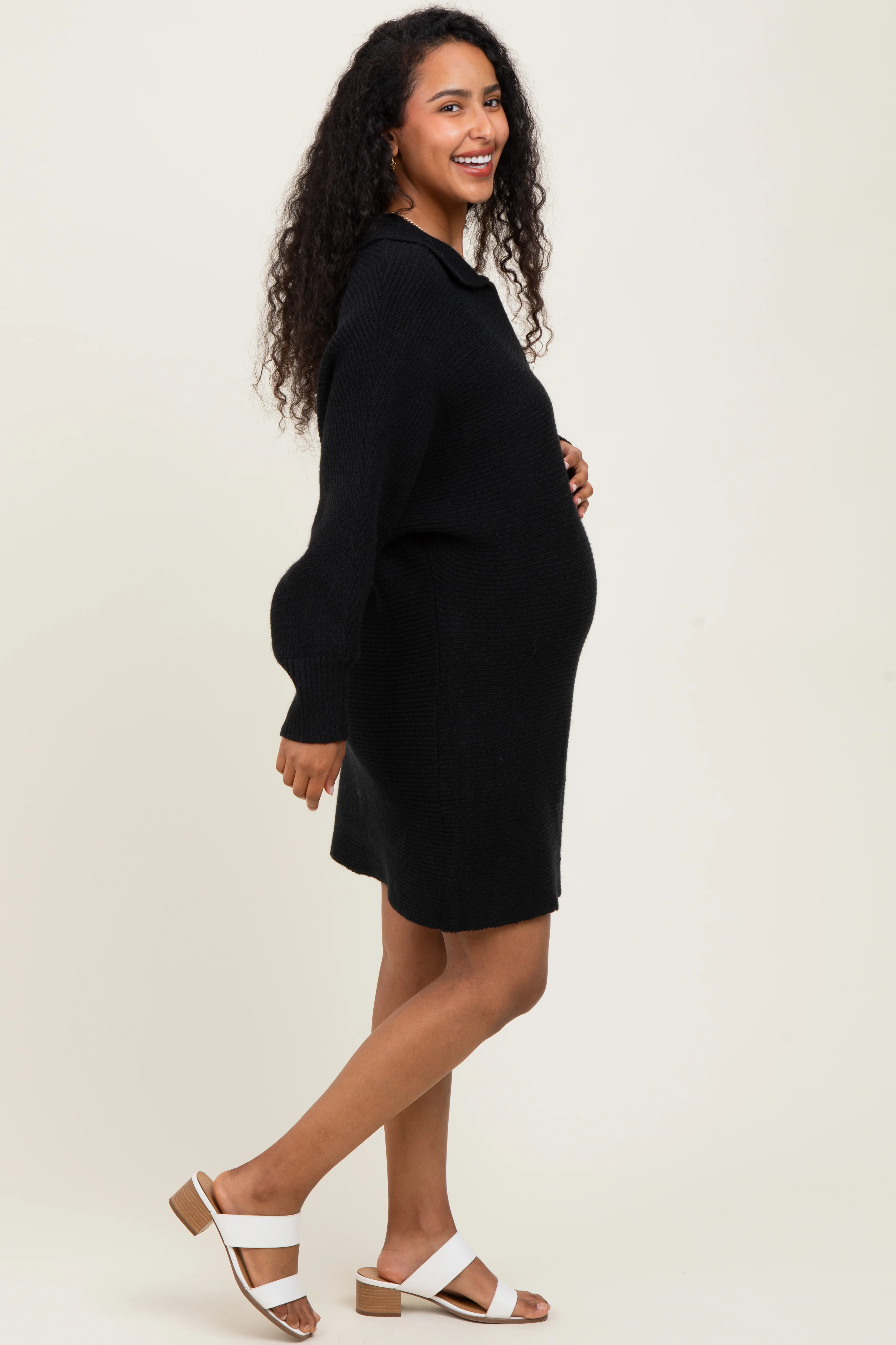 Black Chunky Knit Collared Maternity Sweater Dress - Image 3