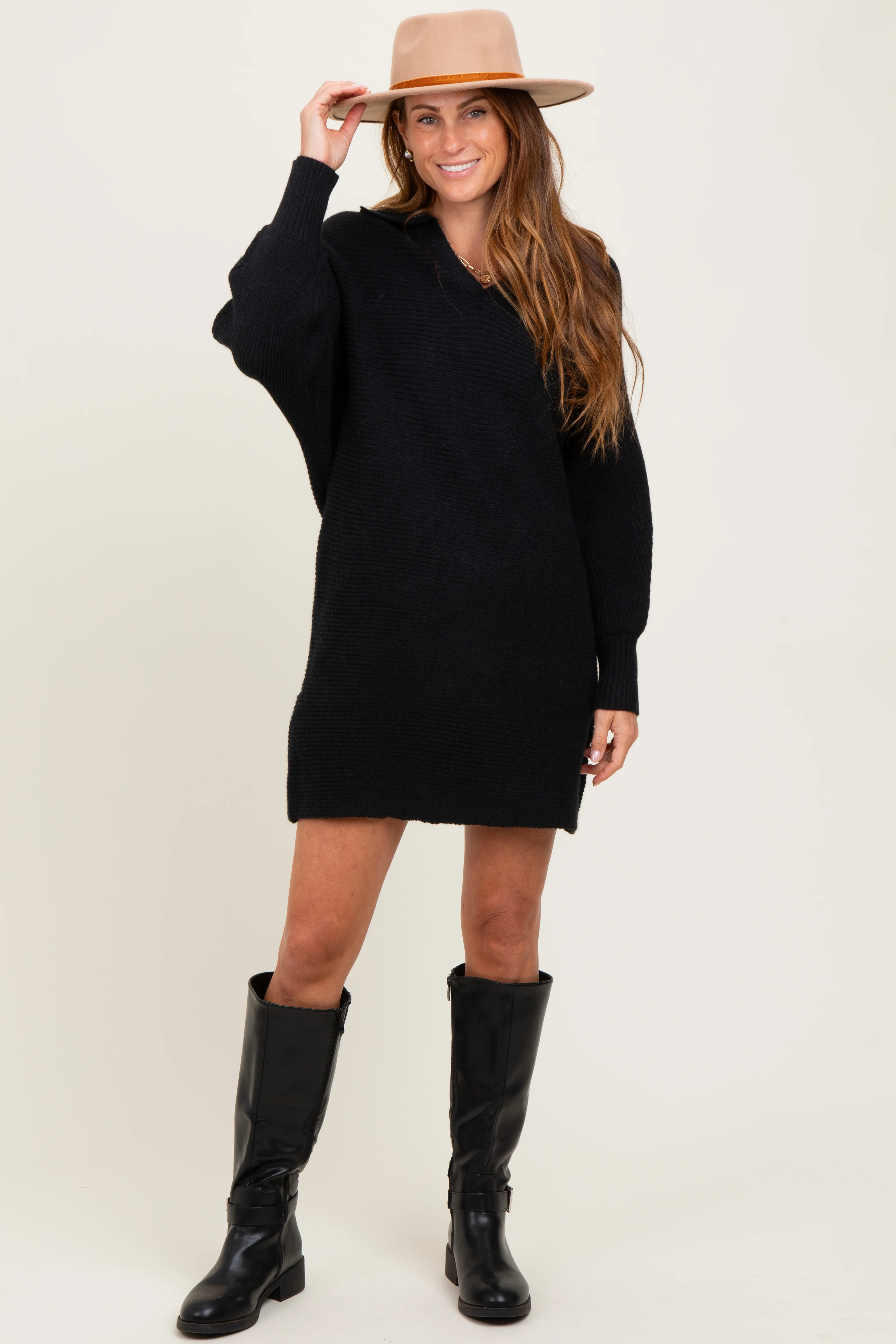 Black Chunky Knit Collared Maternity Sweater Dress - Image 5