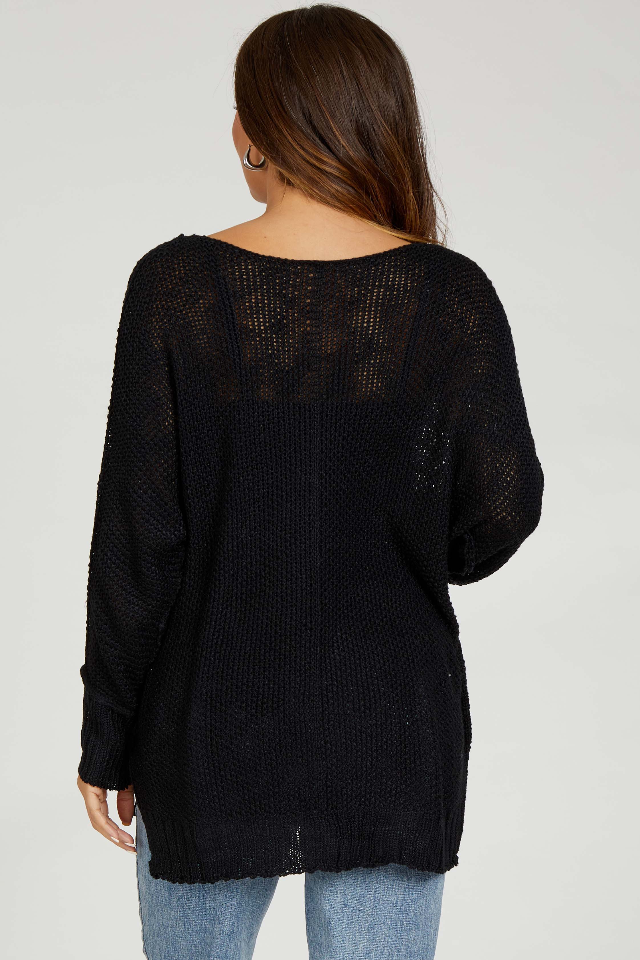 Black Chunky Knit Side Slit Maternity Sweater - Image 3
