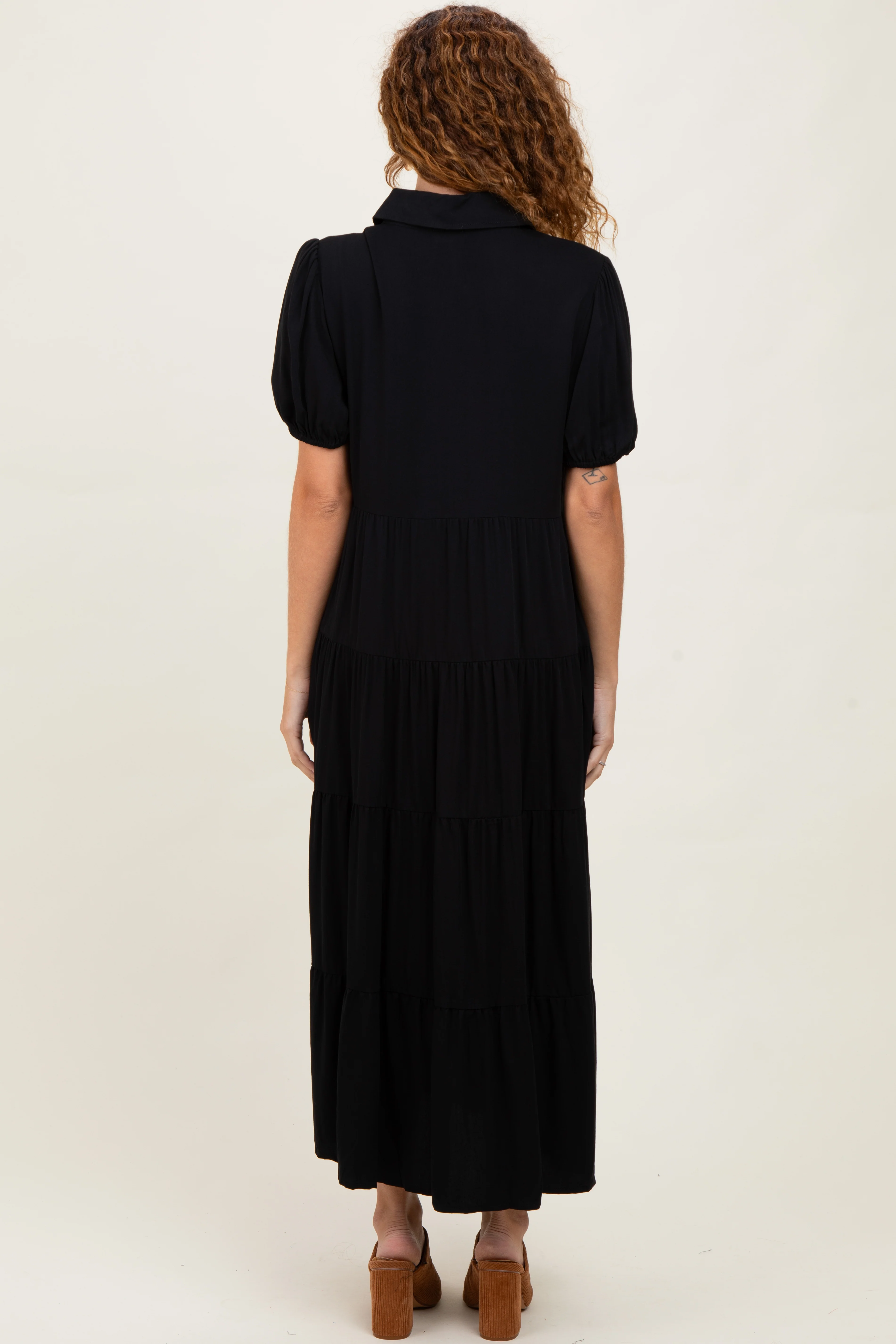 Black Collared Button Down Tiered Midi Dress - Image 4