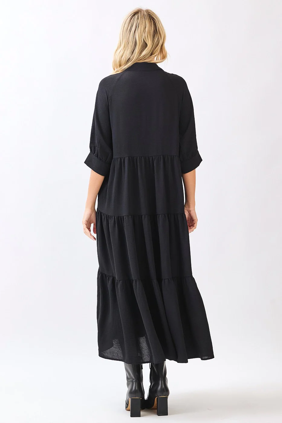Black Collared Button Up Tiered Midi Dress - Image 3