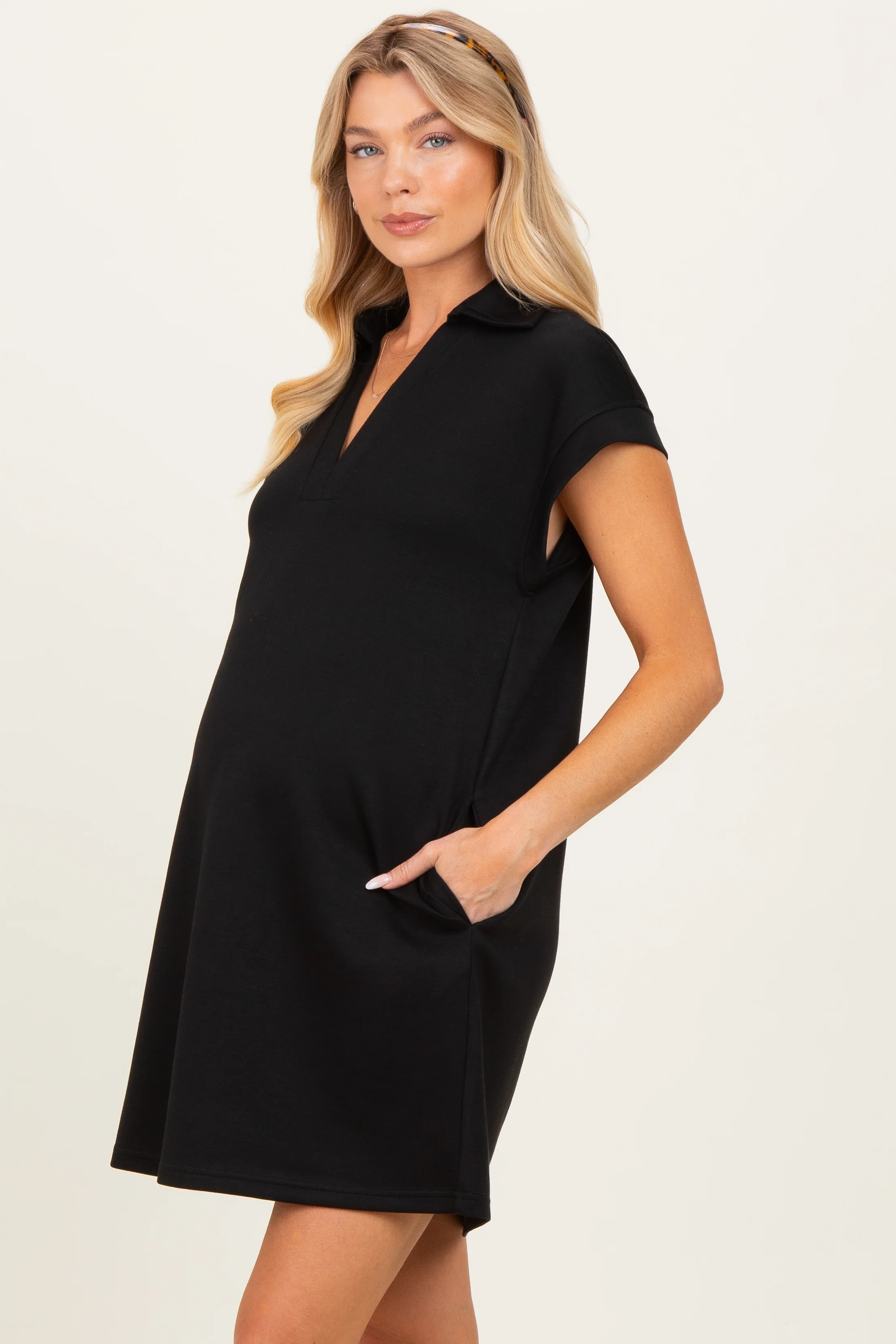Black Collared Maternity Pocket Dress - Image 2