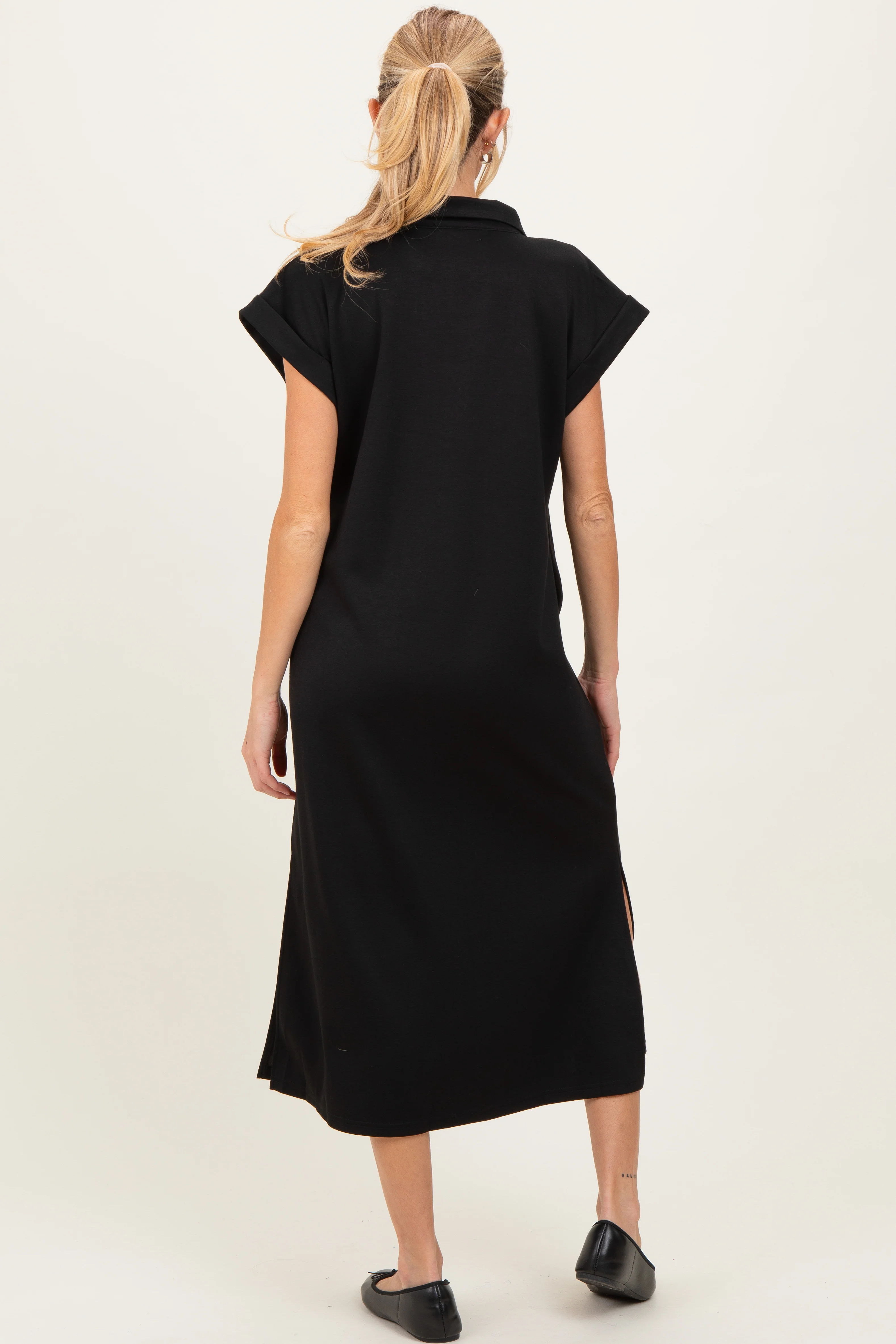 Black Collared Oversized Maternity Midi Dress - Image 3