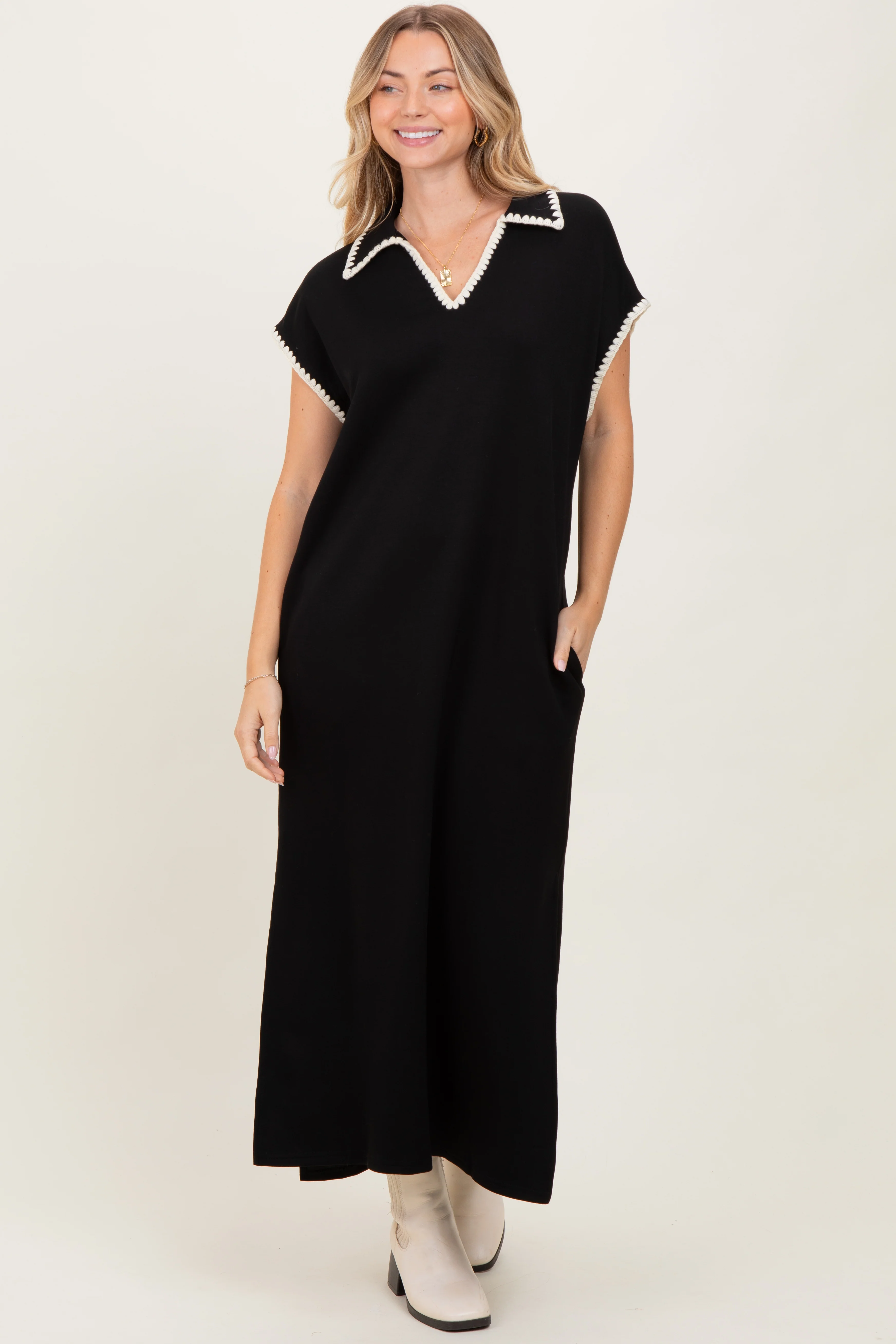 Black Collared Stitch Detail Short Sleeve Maternity Midi Dress - Image 5