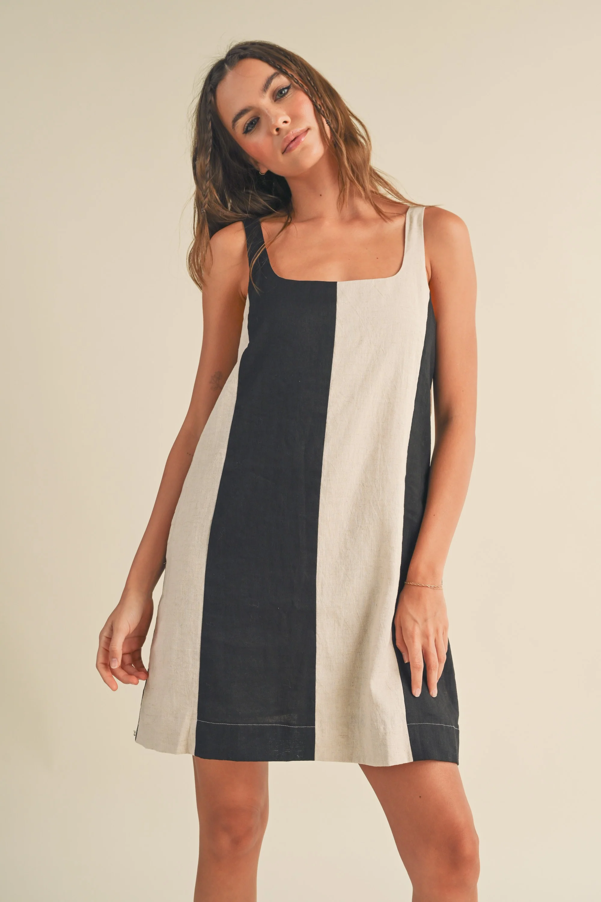 Black Color Block Linen Sleeveless Dress - Image 2