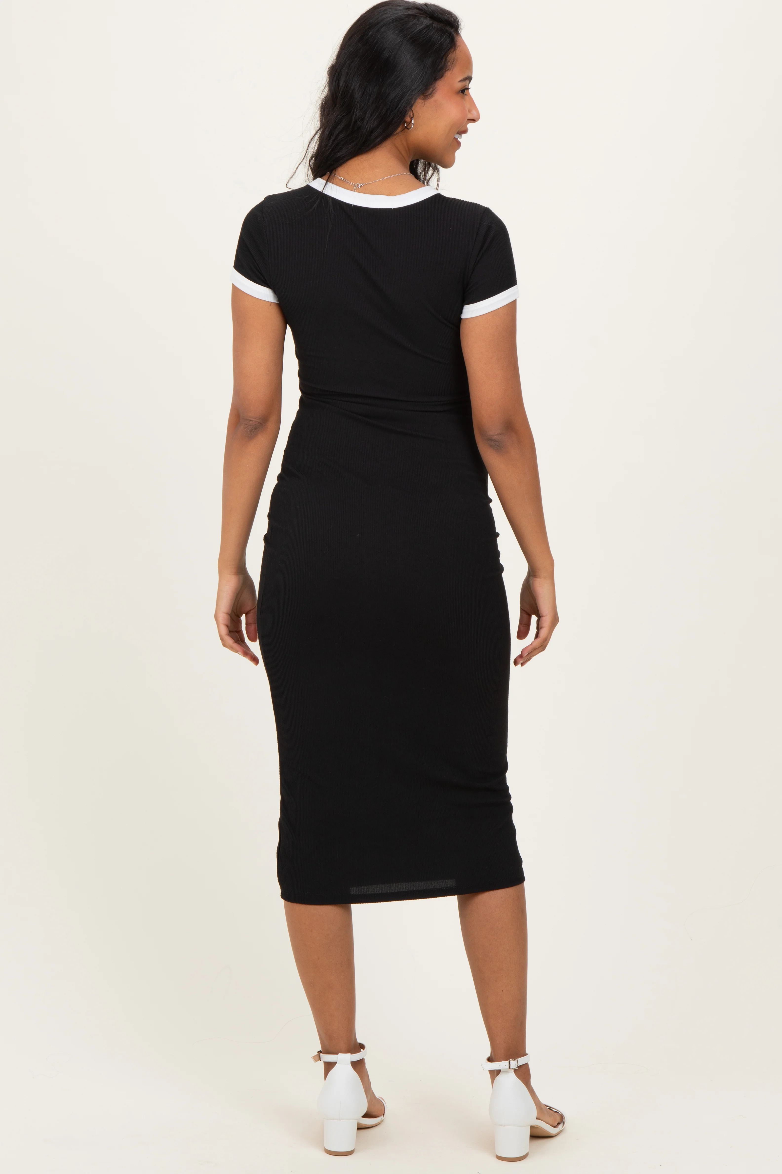 Black Colorblock Trim Maternity Midi Dress - Image 3