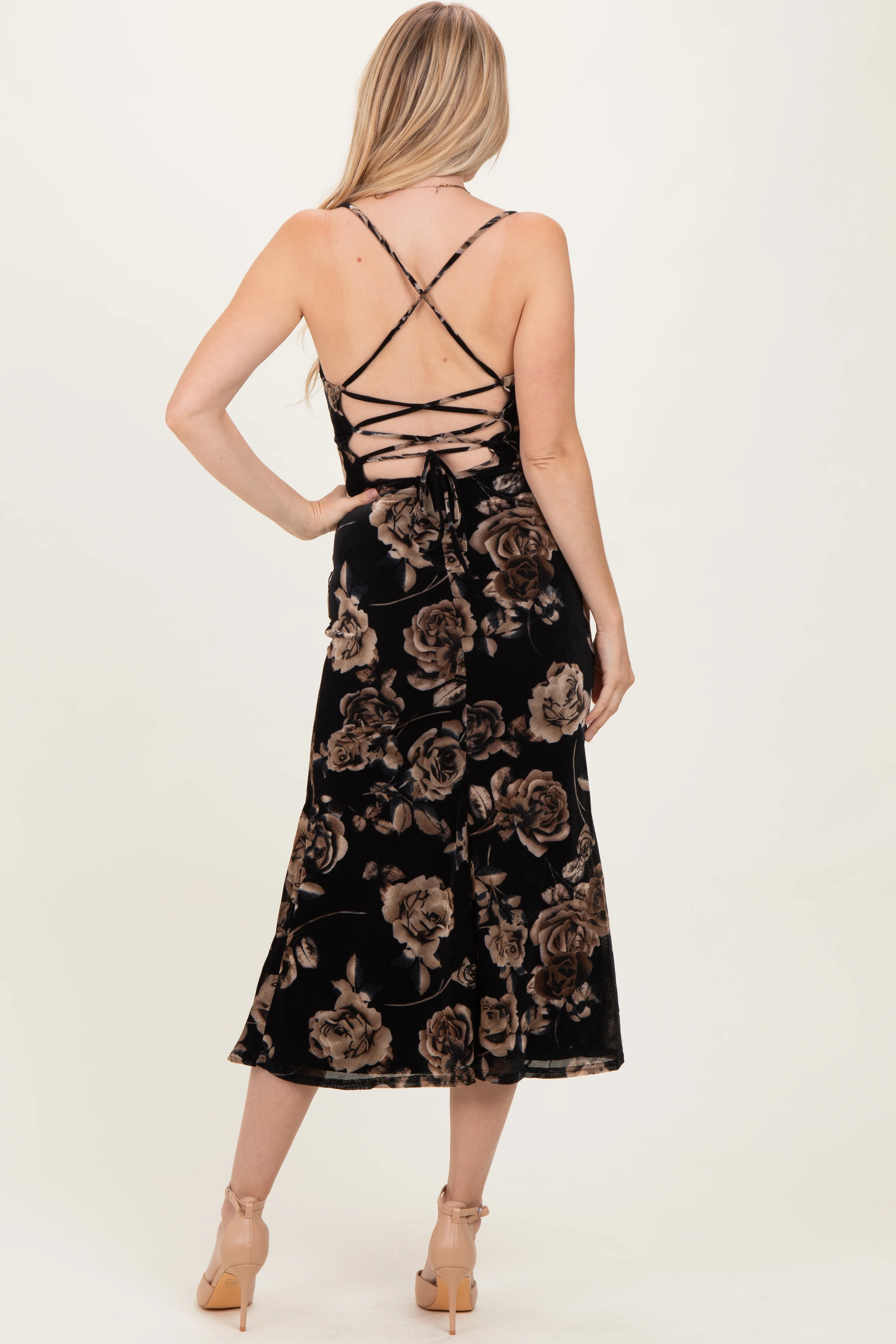 Black Cowl Neck Lace Up Back Midi Dress - Image 4