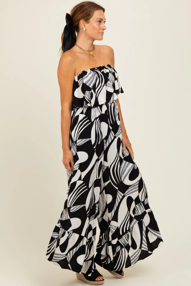 Black/Cream Printed Wide Leg Tube Jumpsuit - Image 3