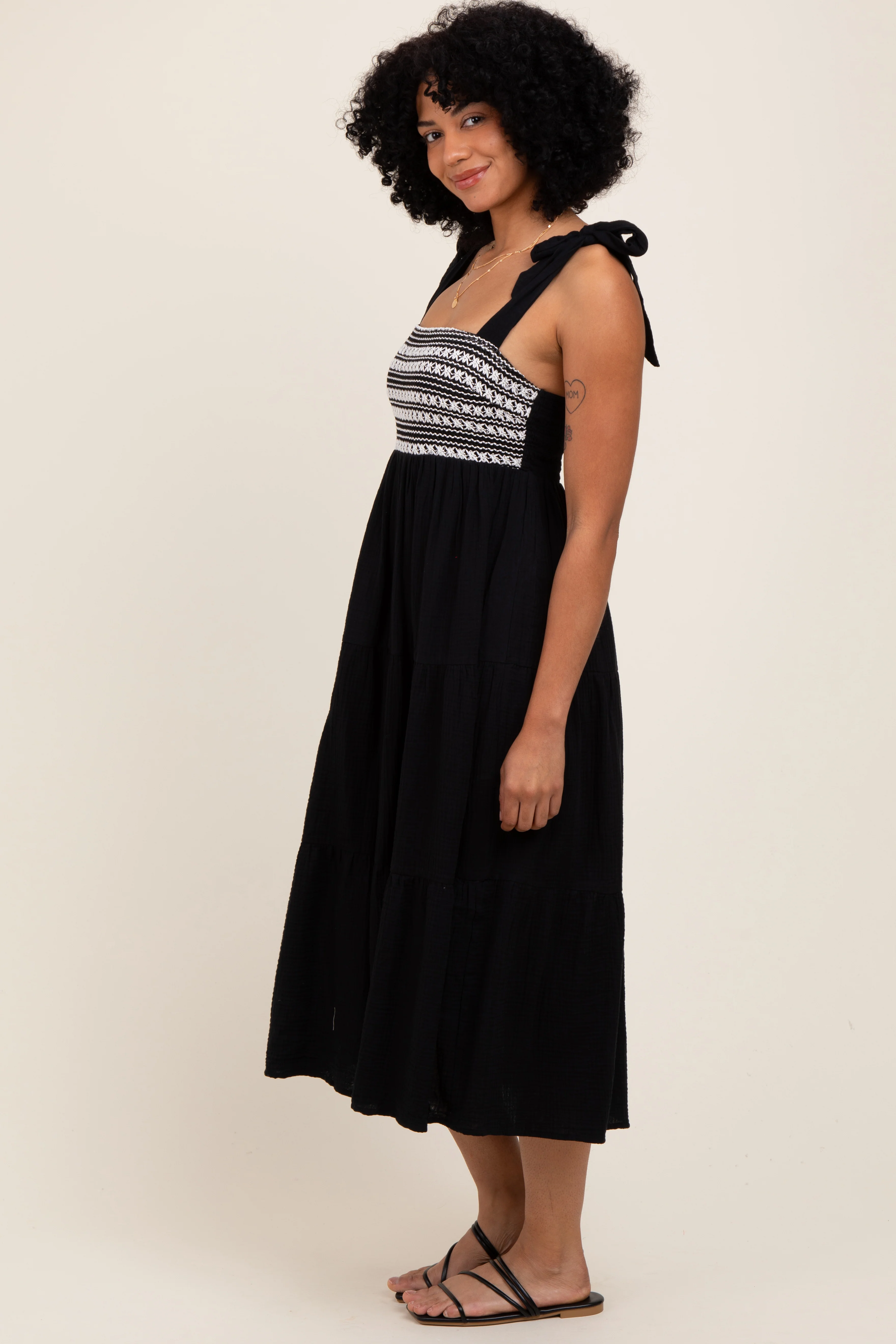 Black Crochet Bodice Shoulder Tie Tiered Midi Dress - Image 3