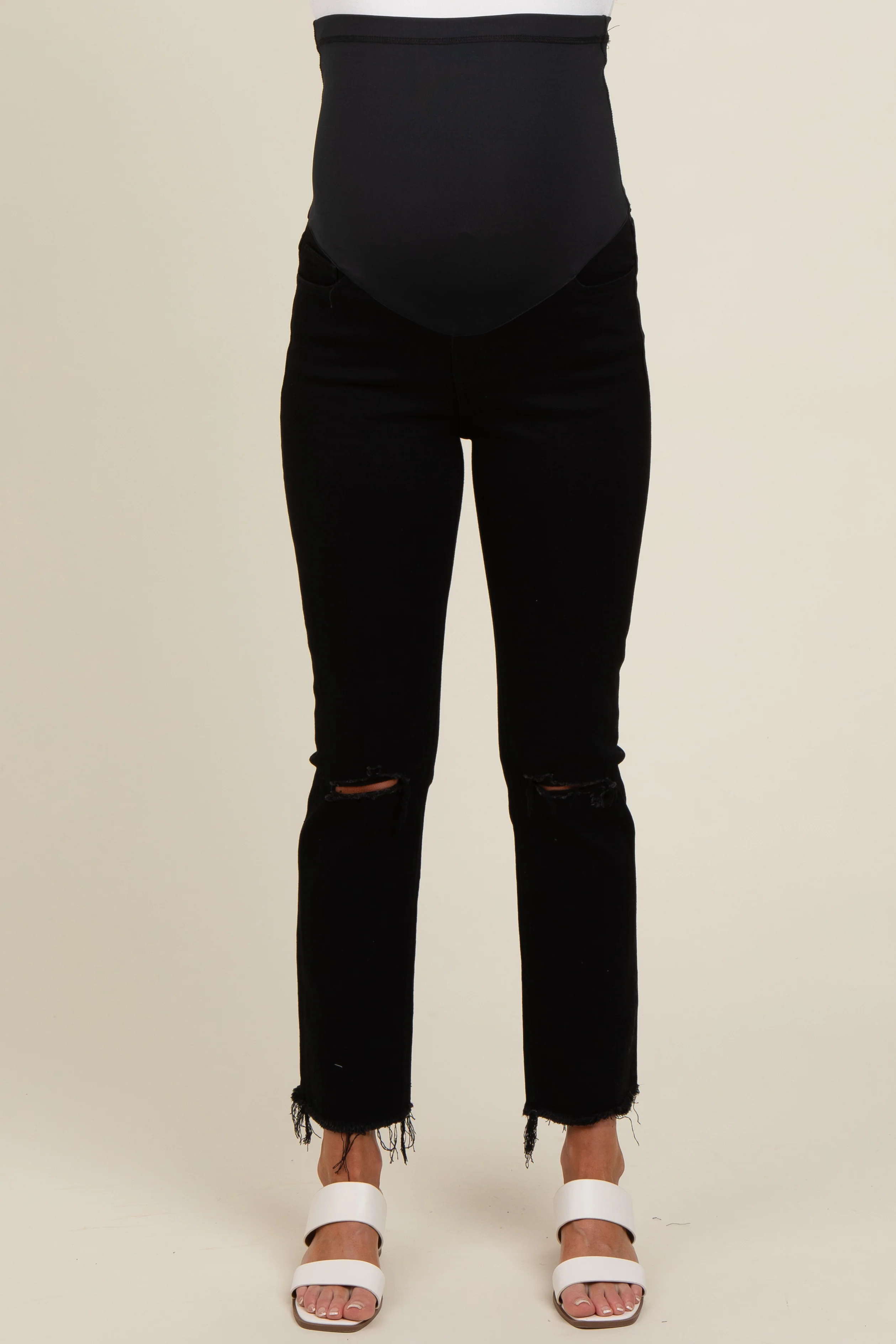 Black Cut Hem Open Knee Straight Leg Maternity Jeans - Image 4