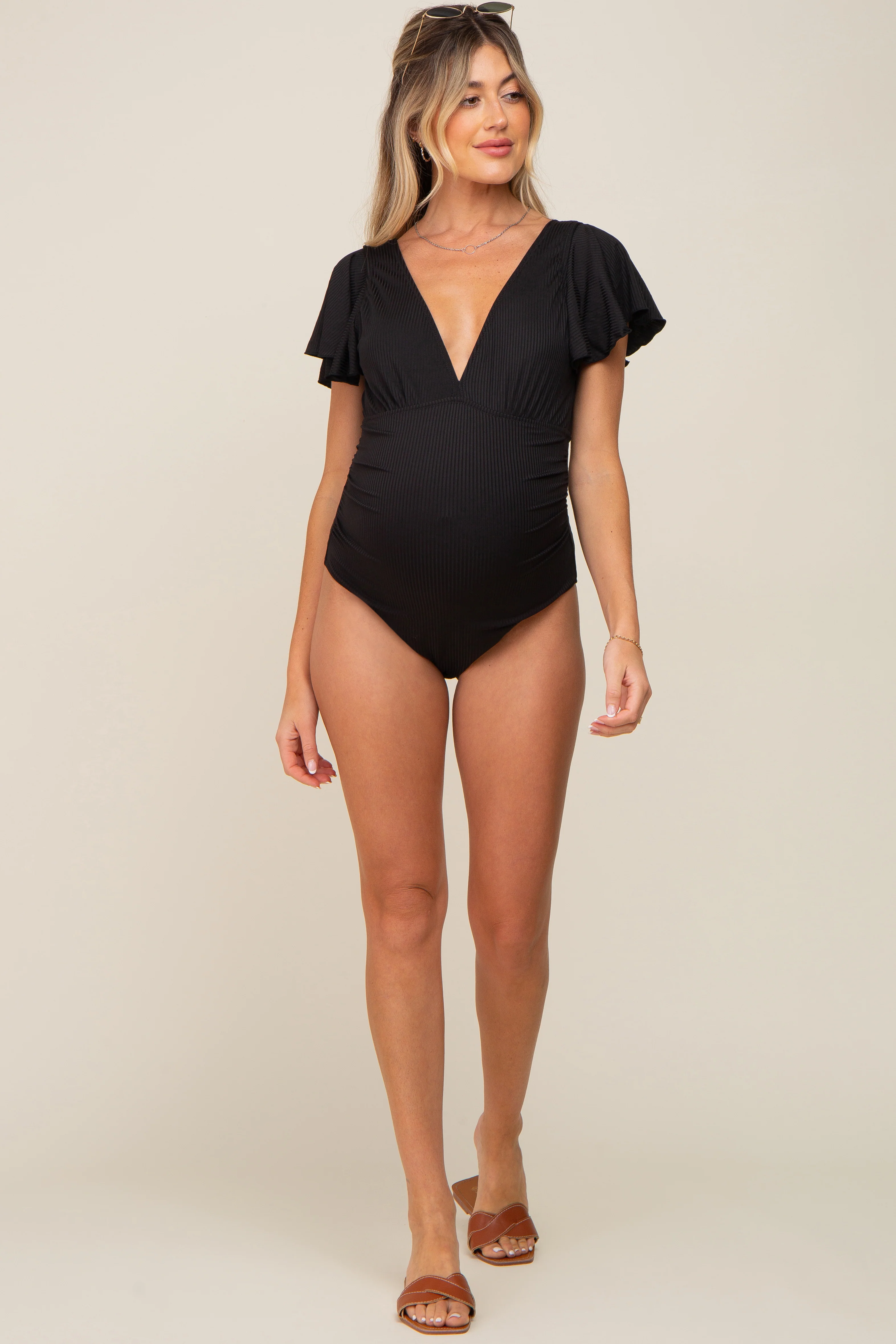 Black Deep V-Neck Flounce Maternity One Piece Swimsuit - Image 5