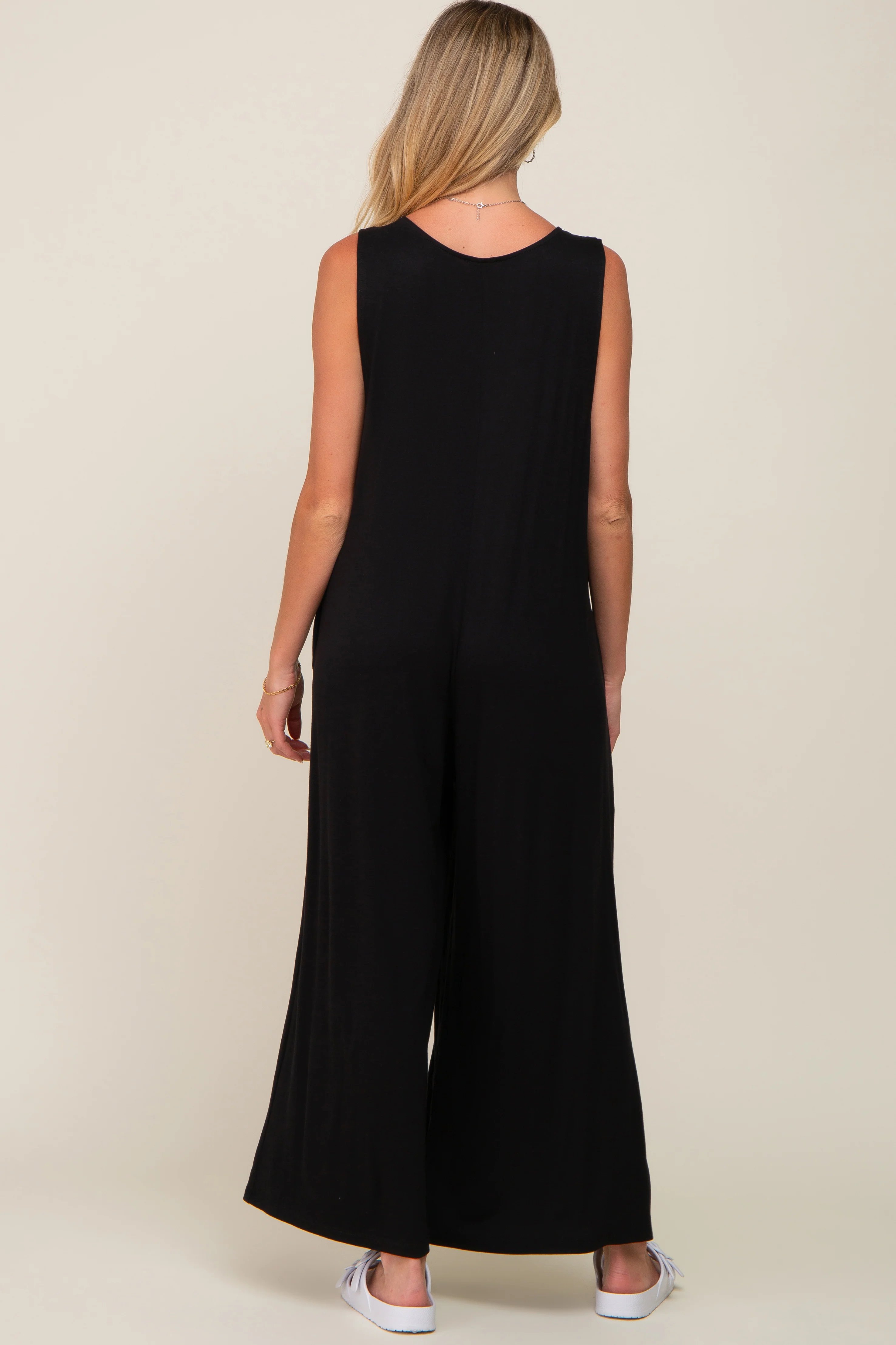 Black Deep V Sleeveless Wide Leg Maternity Jumpsuit - Image 3