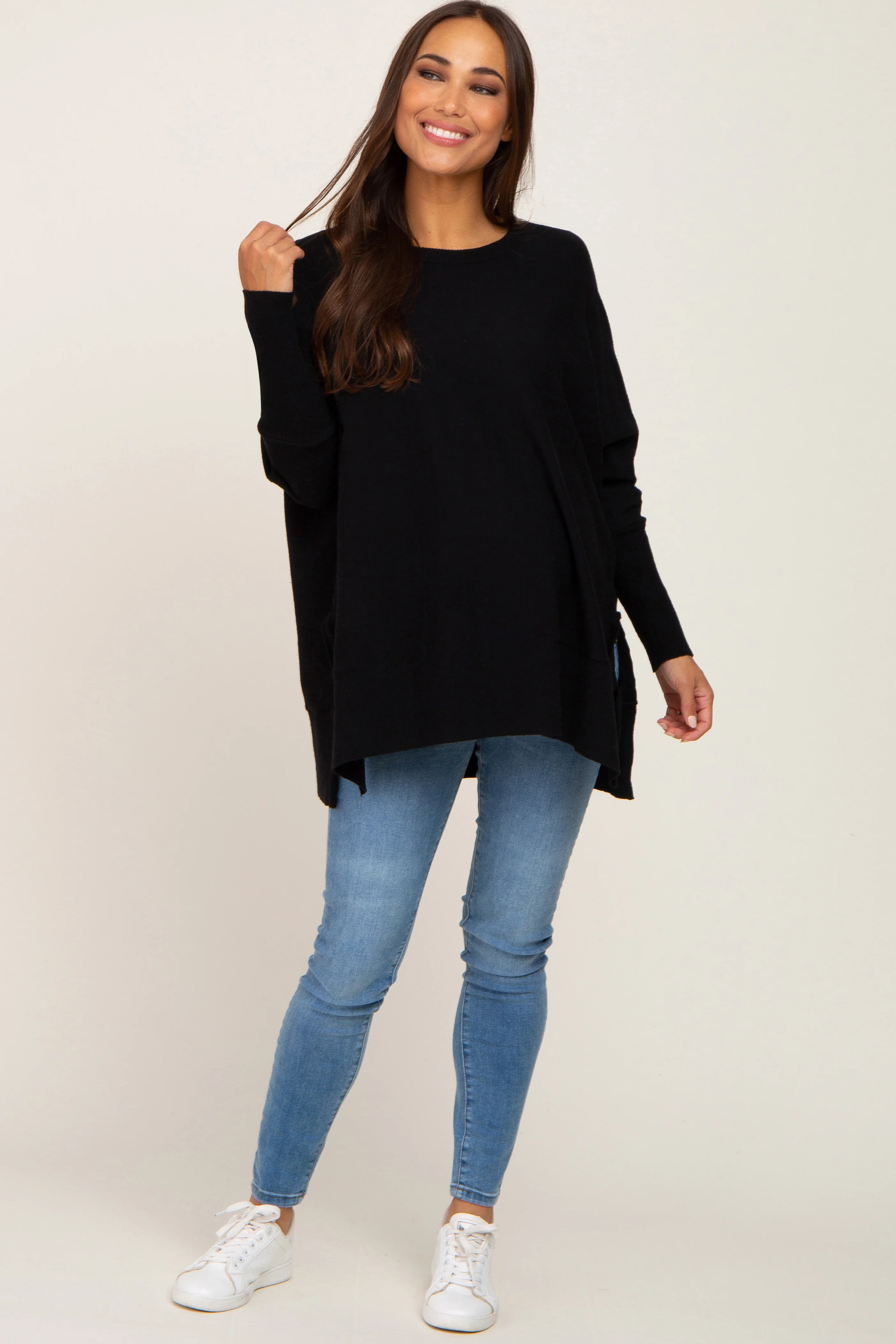 Black Dolman Sleeve Side Slit Maternity Sweater - Image 4