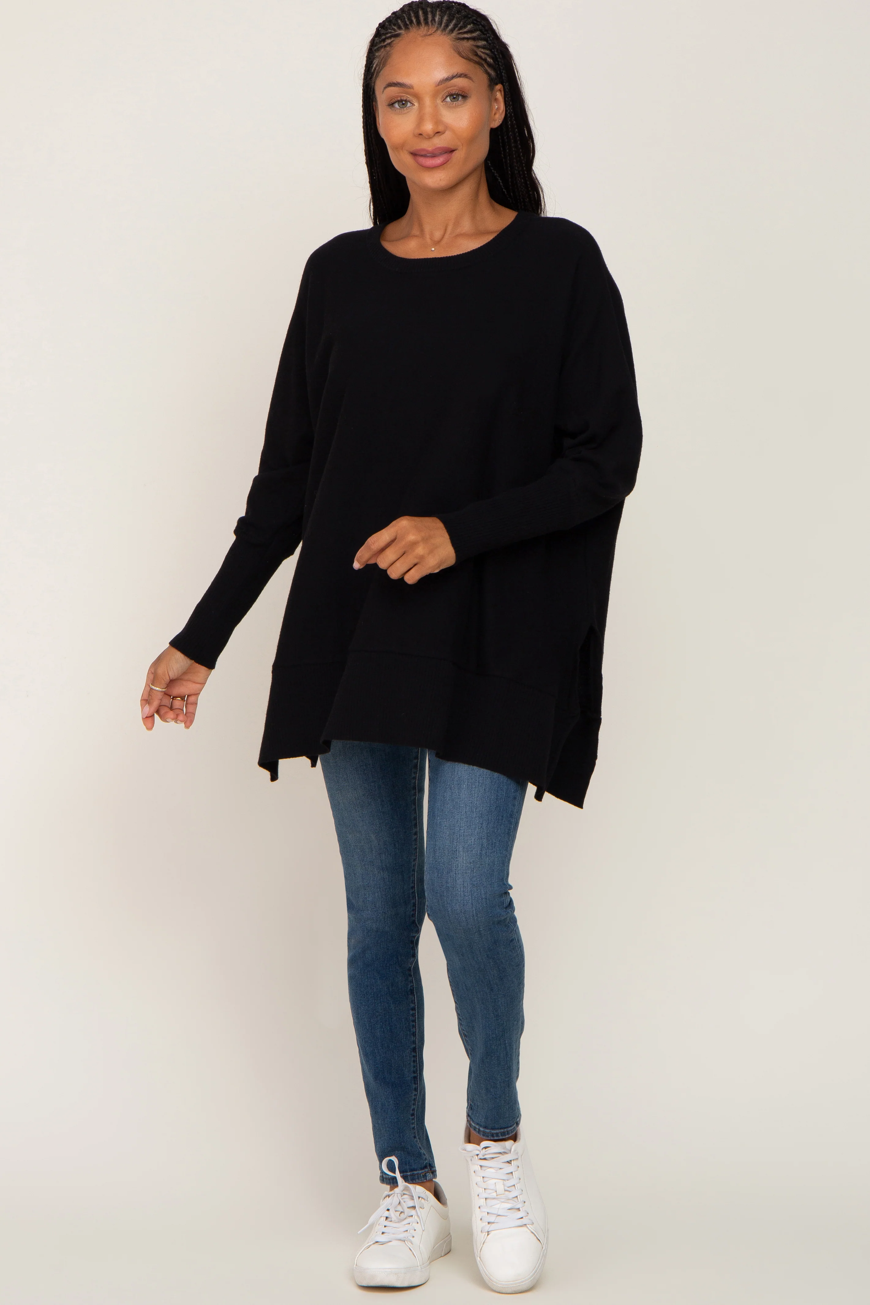 Black Dolman Sleeve Side Slit Sweater - Image 4