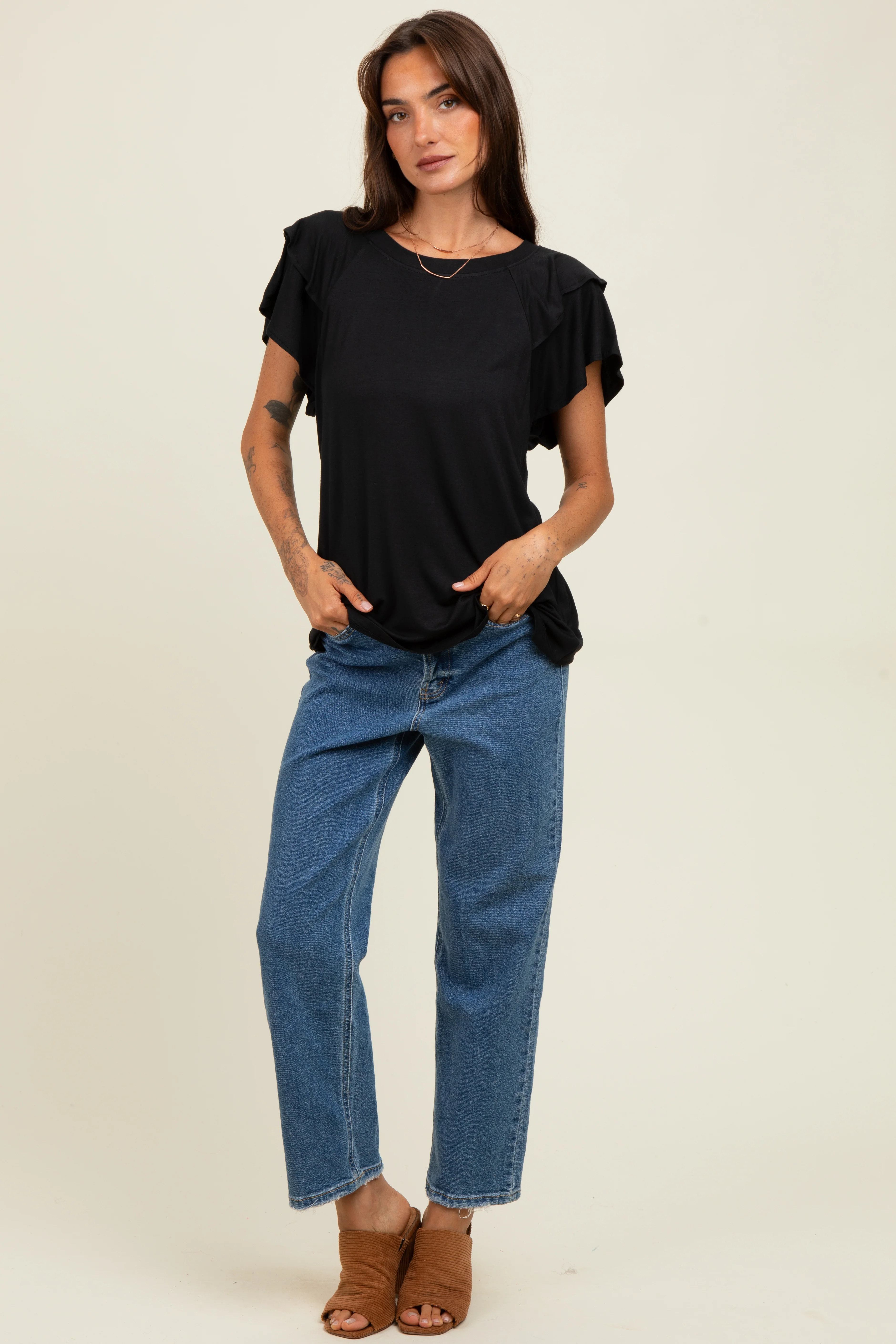 Black Double Ruffle Sleeve T-Shirt - Image 3