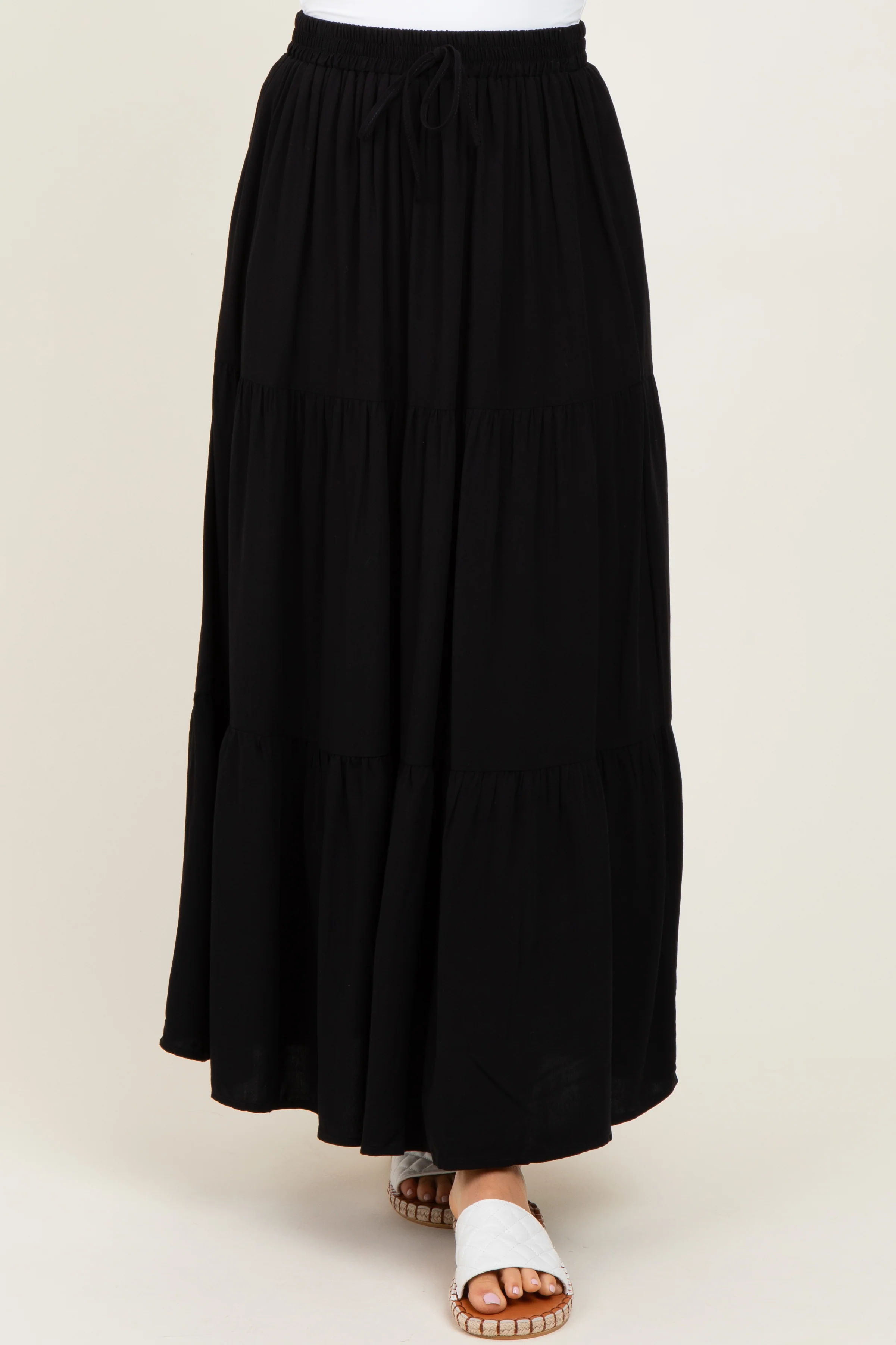 Black Drawstring Tiered Maxi Skirt - Image 2