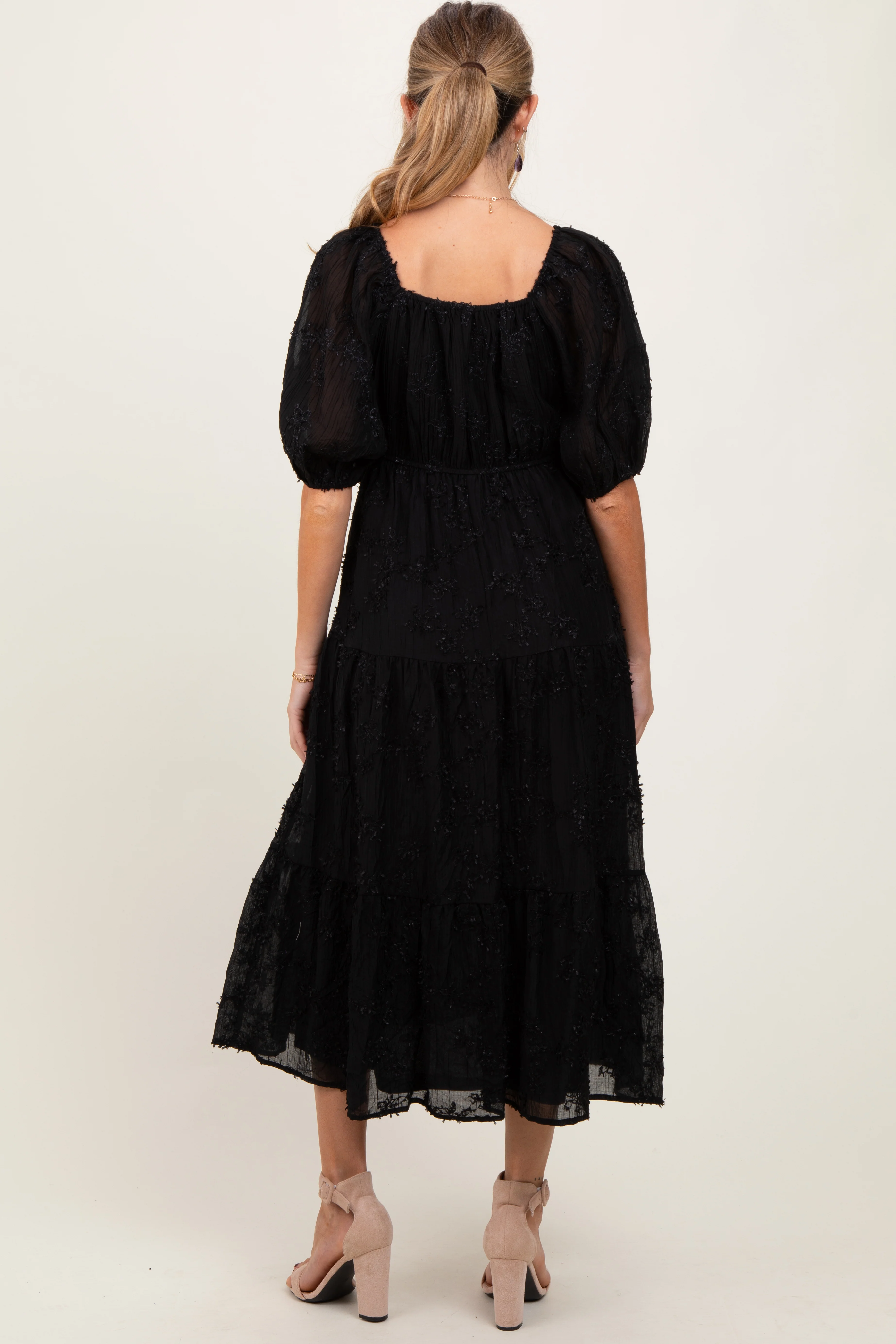 Black Embroidered Floral Overlay Maternity Midi Dress - Image 3