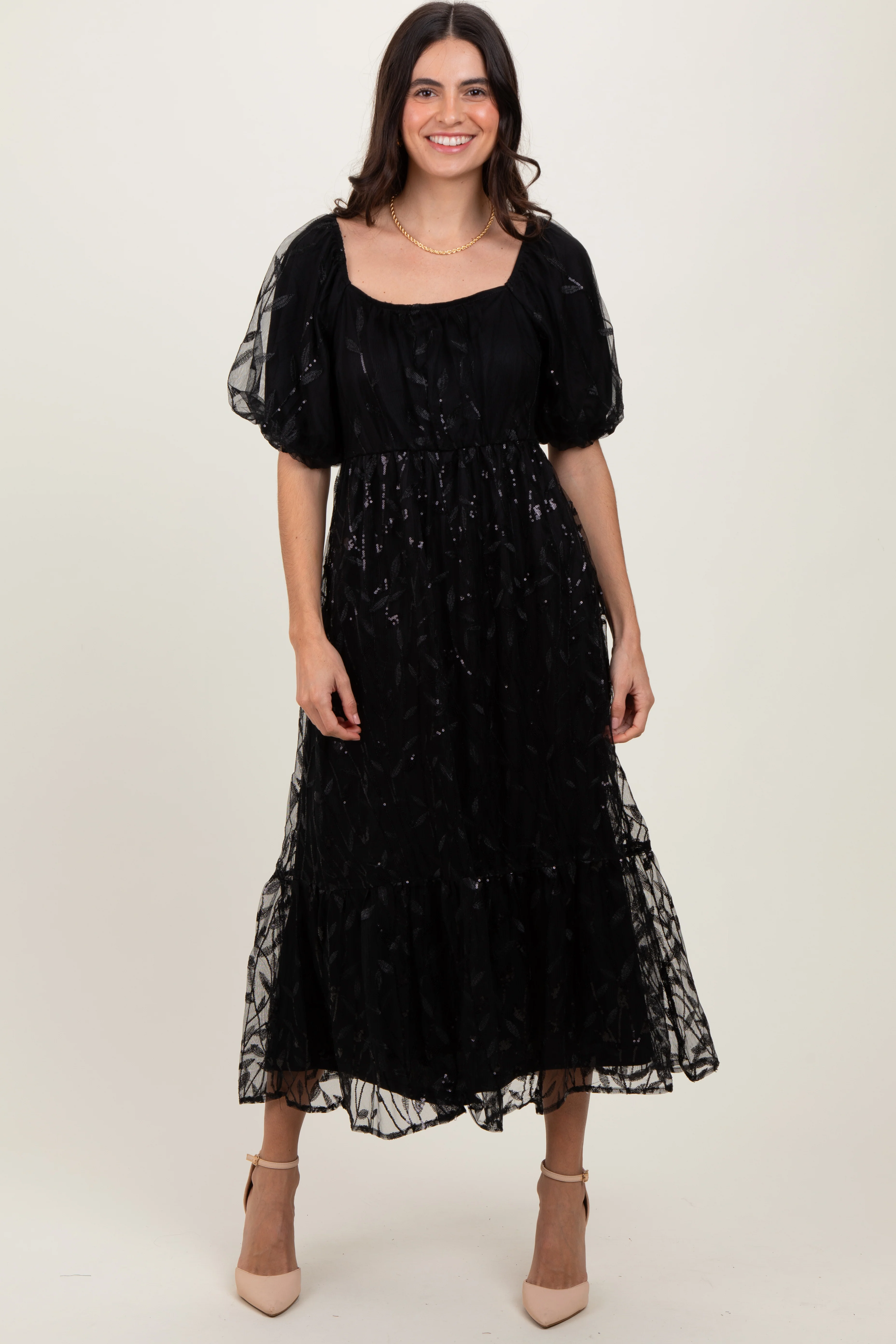Black Embroidered Sequin Detail Mesh Overlay Maxi Dress - Image 2