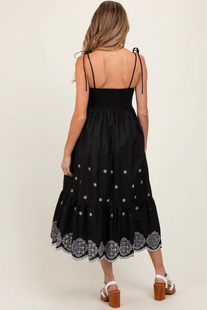 Black Embroidered Shoulder Tie Maternity Midi Dress - Image 3