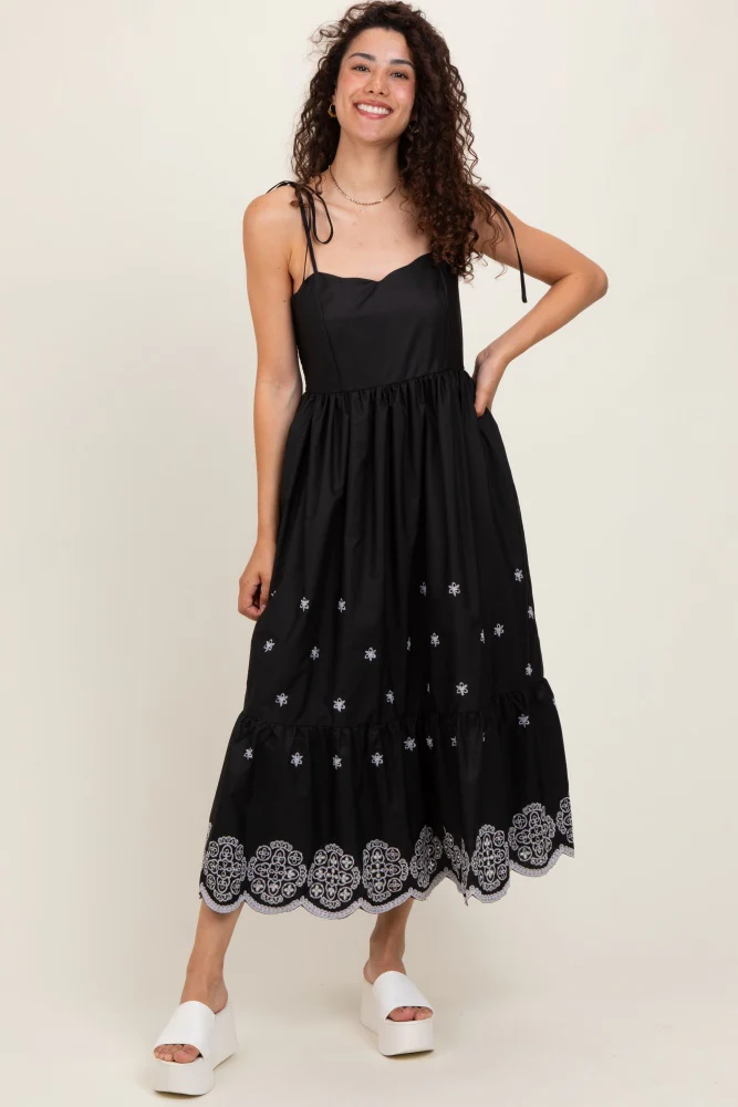 Black Embroidered Shoulder Tie Maternity Midi Dress - Image 4