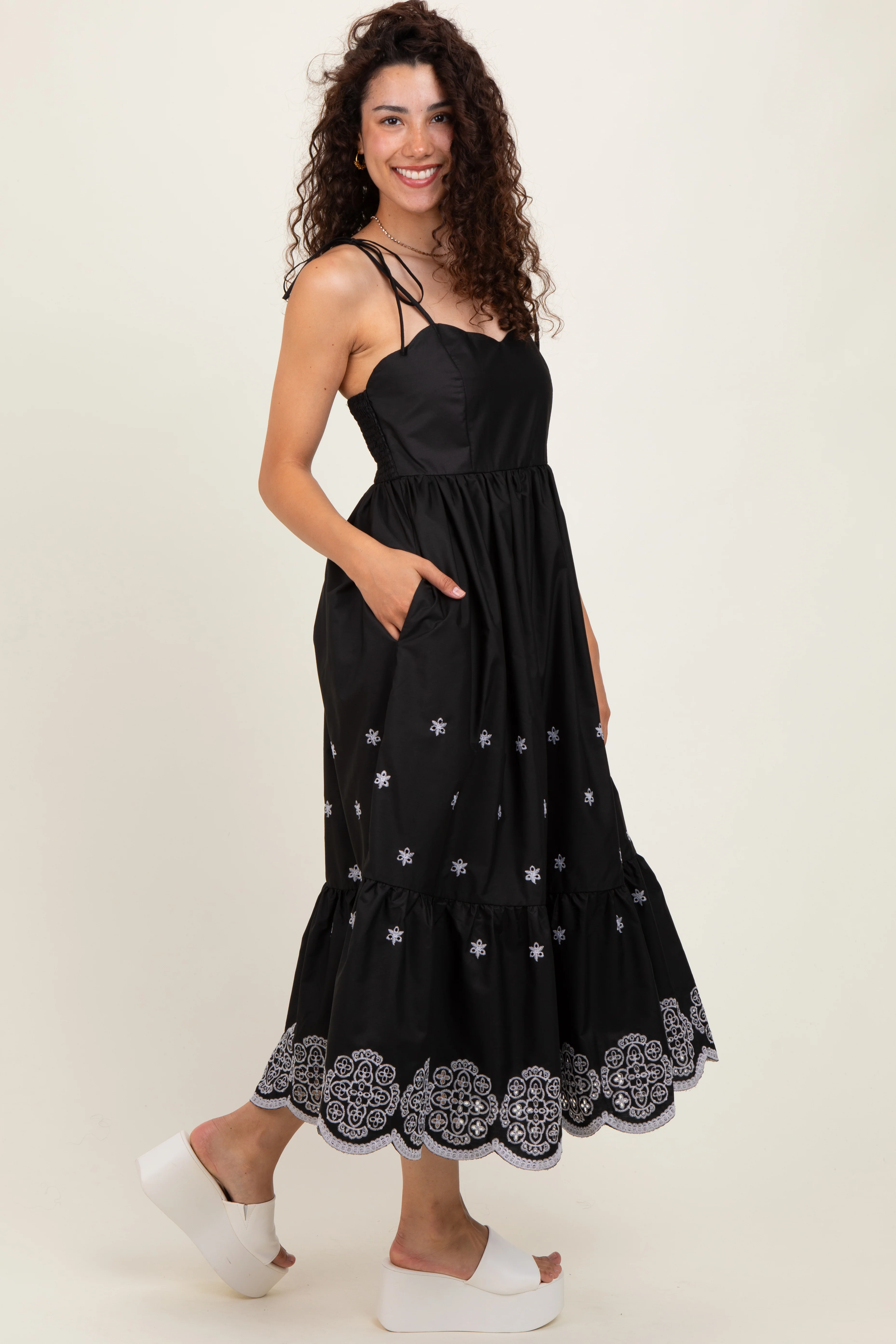 Black Embroidered Shoulder Tie Midi Dress - Image 3