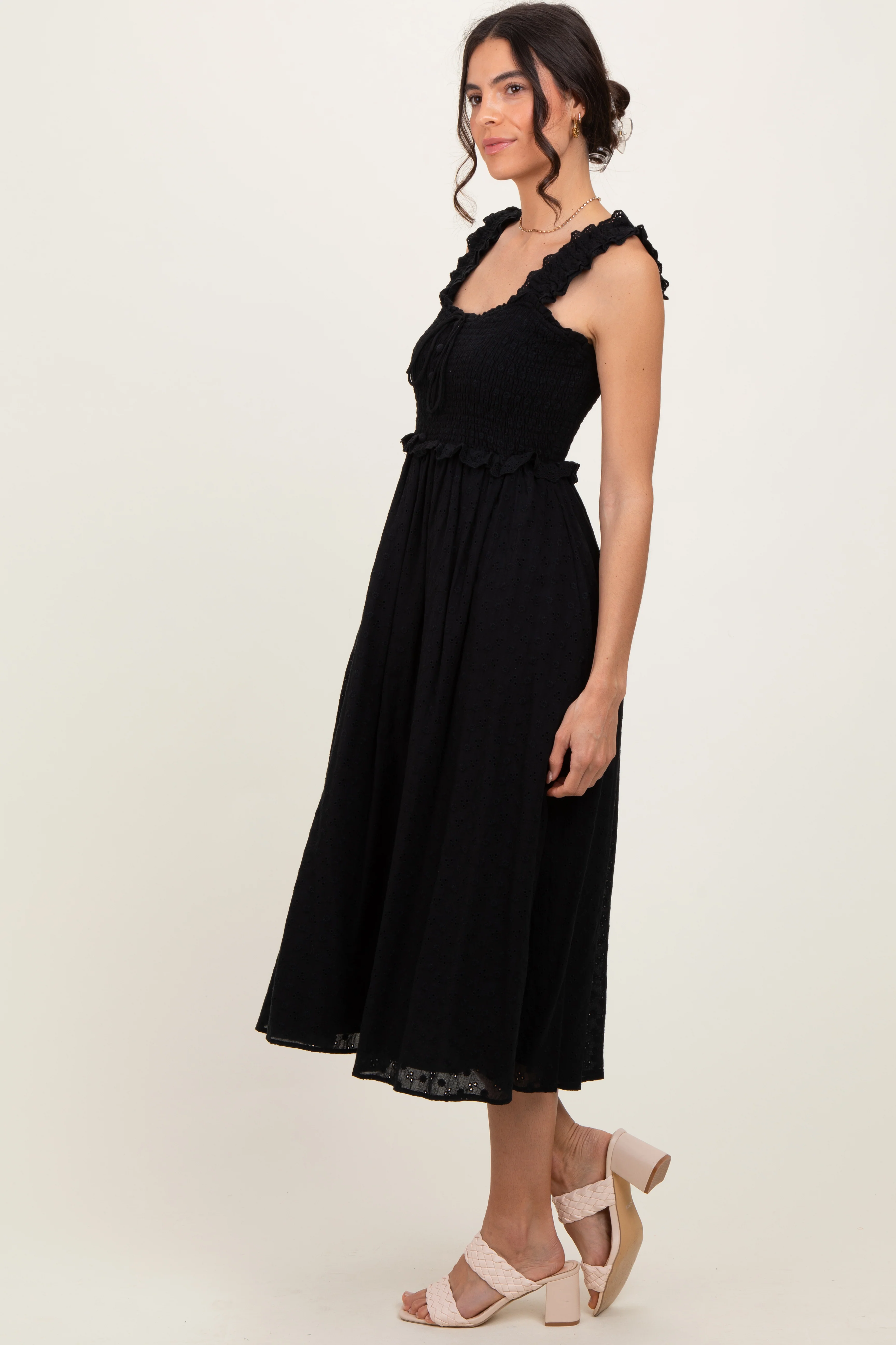 Black Eyelet Sleeveless Midi Dress - Image 3