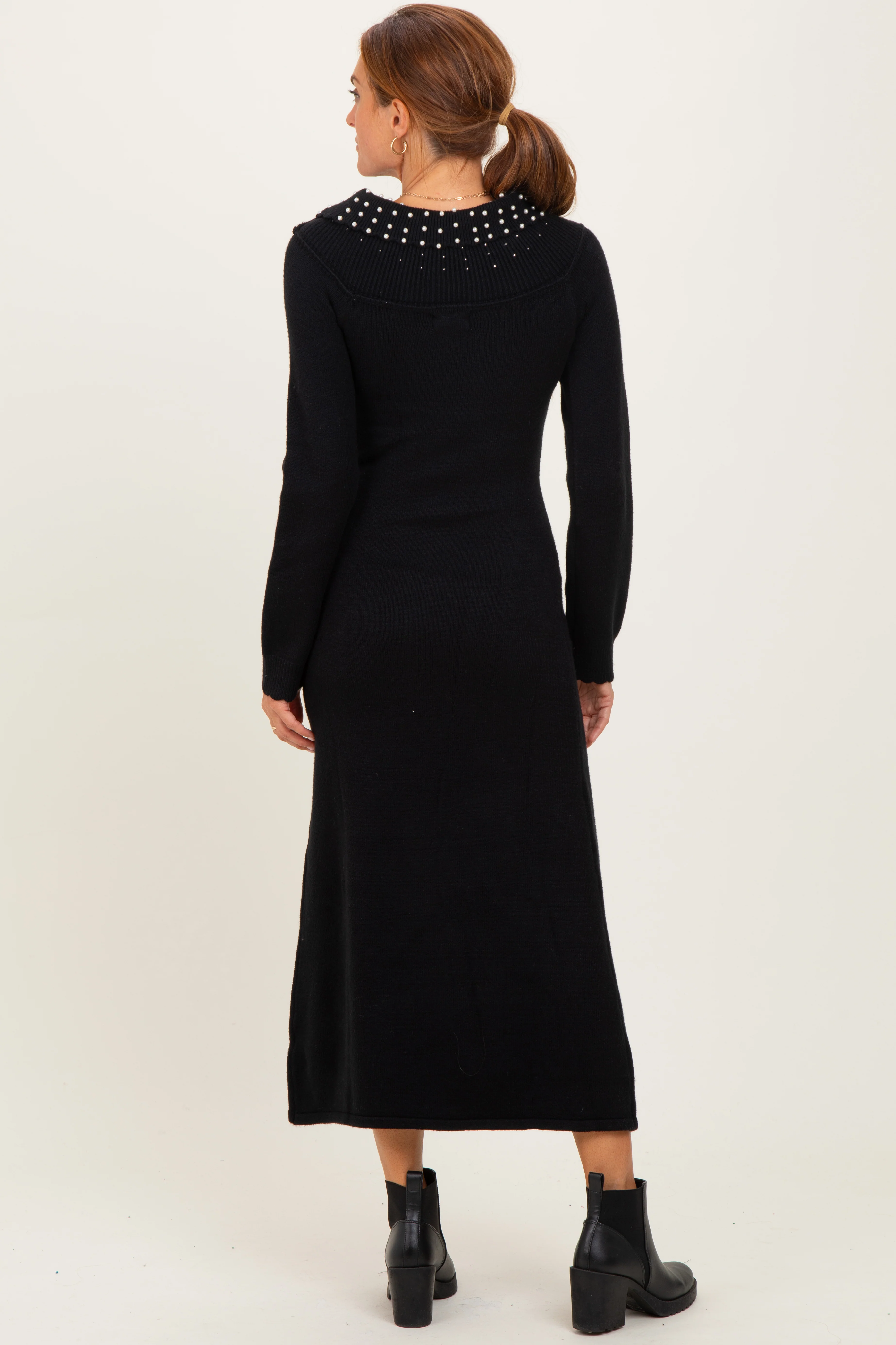 Black Faux Pearl Detail Off Shoulder Sweater Dress - Image 3