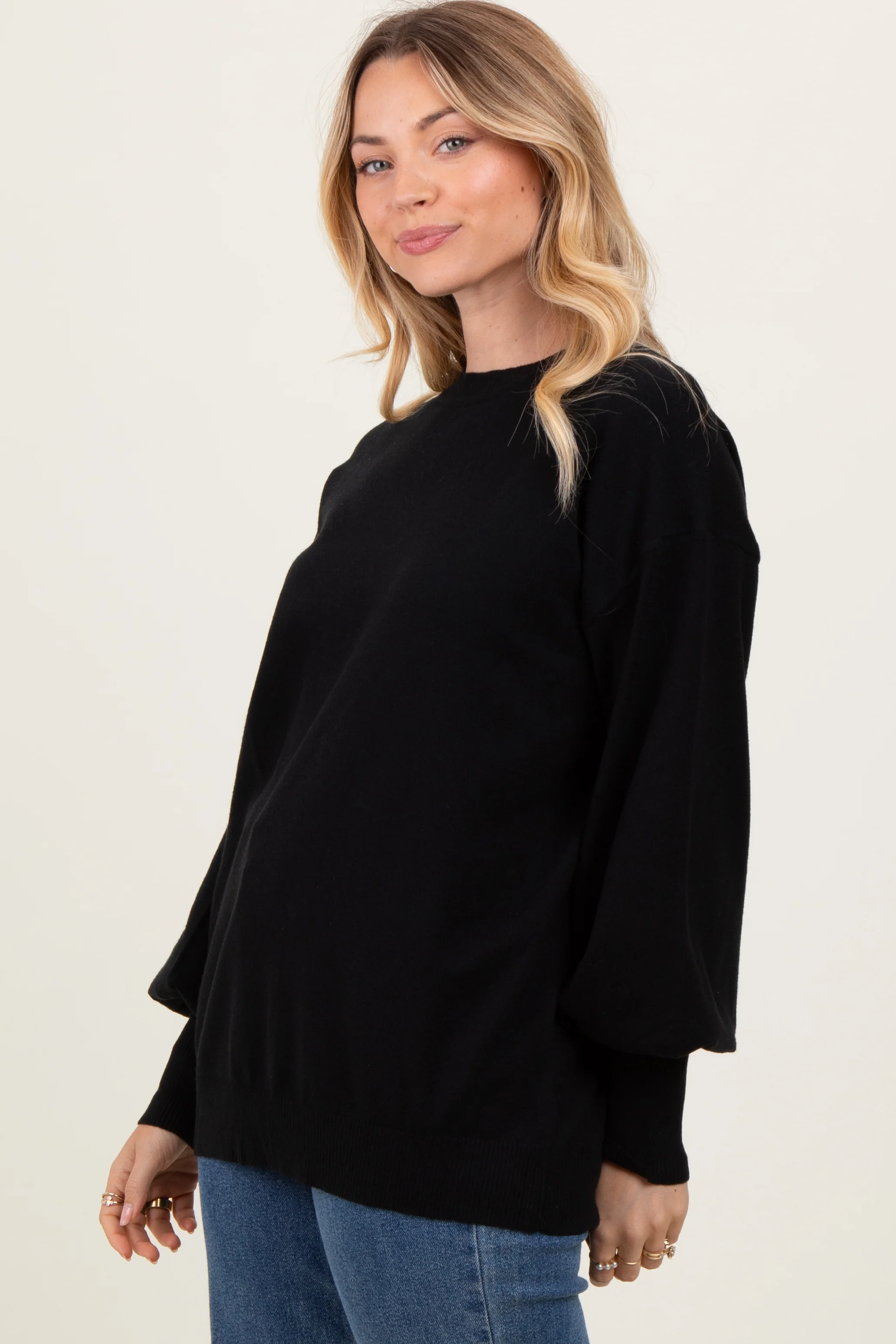 Black Fine Knit Balloon Sleeve Sweater - Image 3