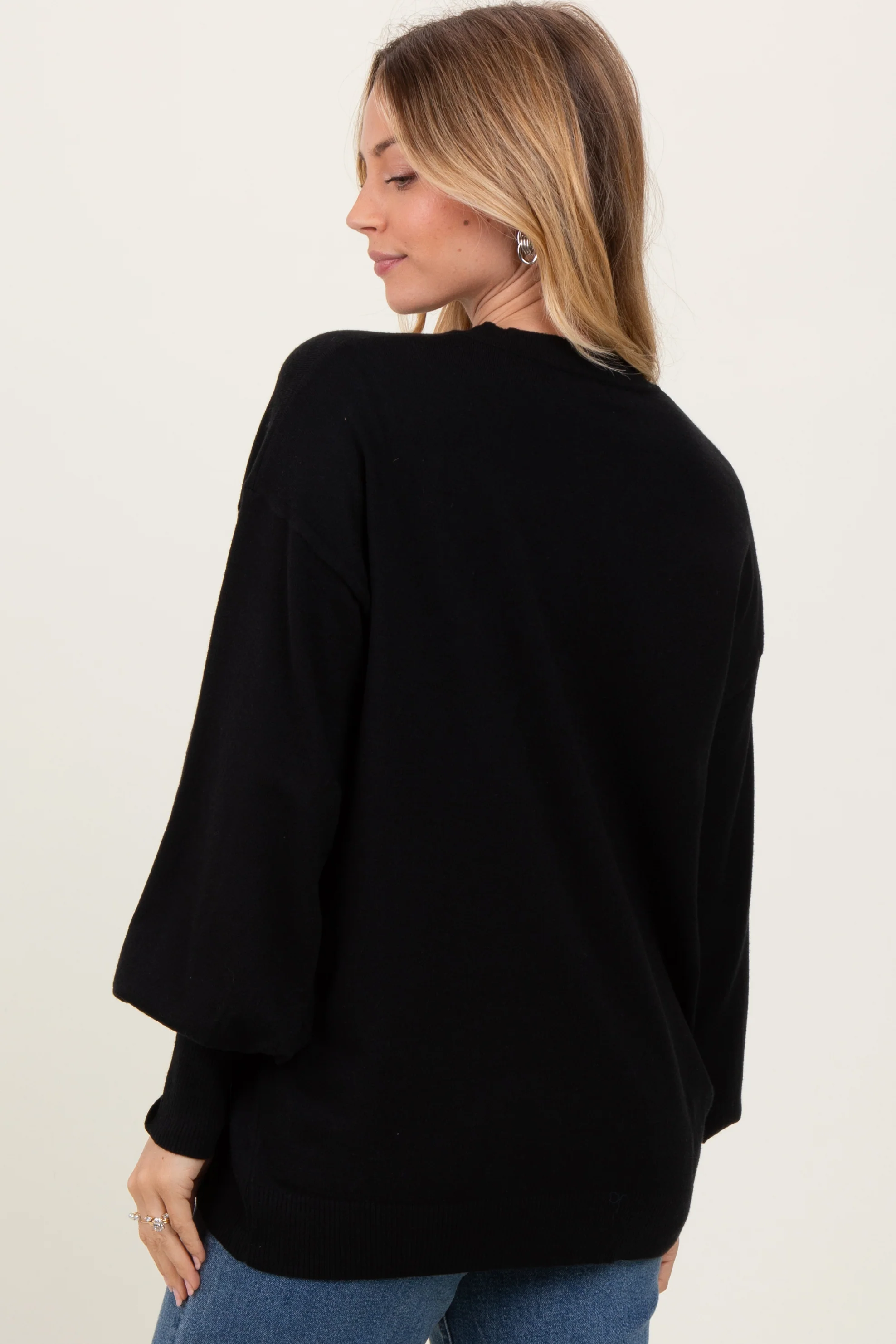 Black Fine Knit Balloon Sleeve Sweater - Image 4