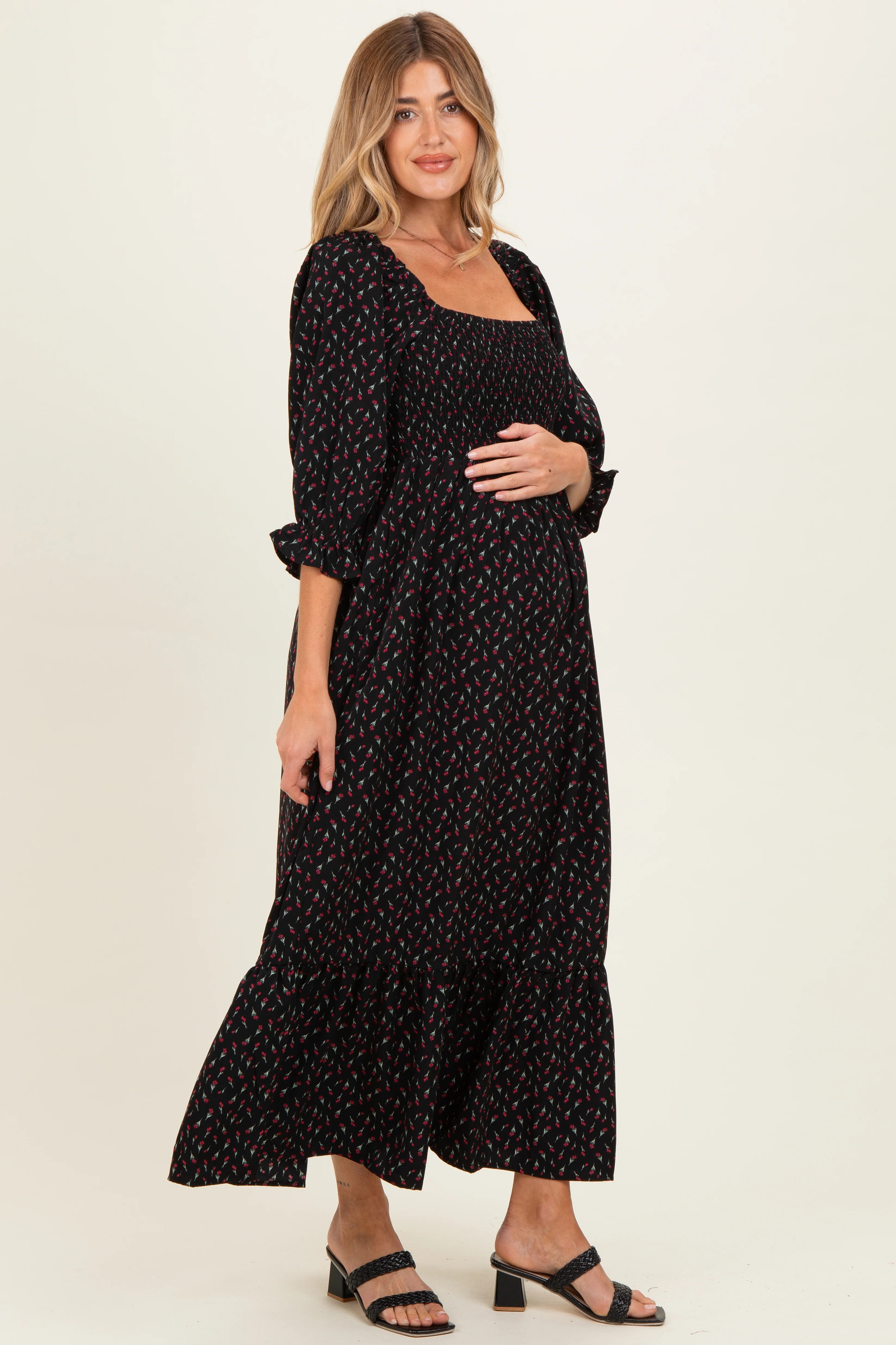 Black Floral 3/4 Sleeve Maternity Maxi Dress - Image 3