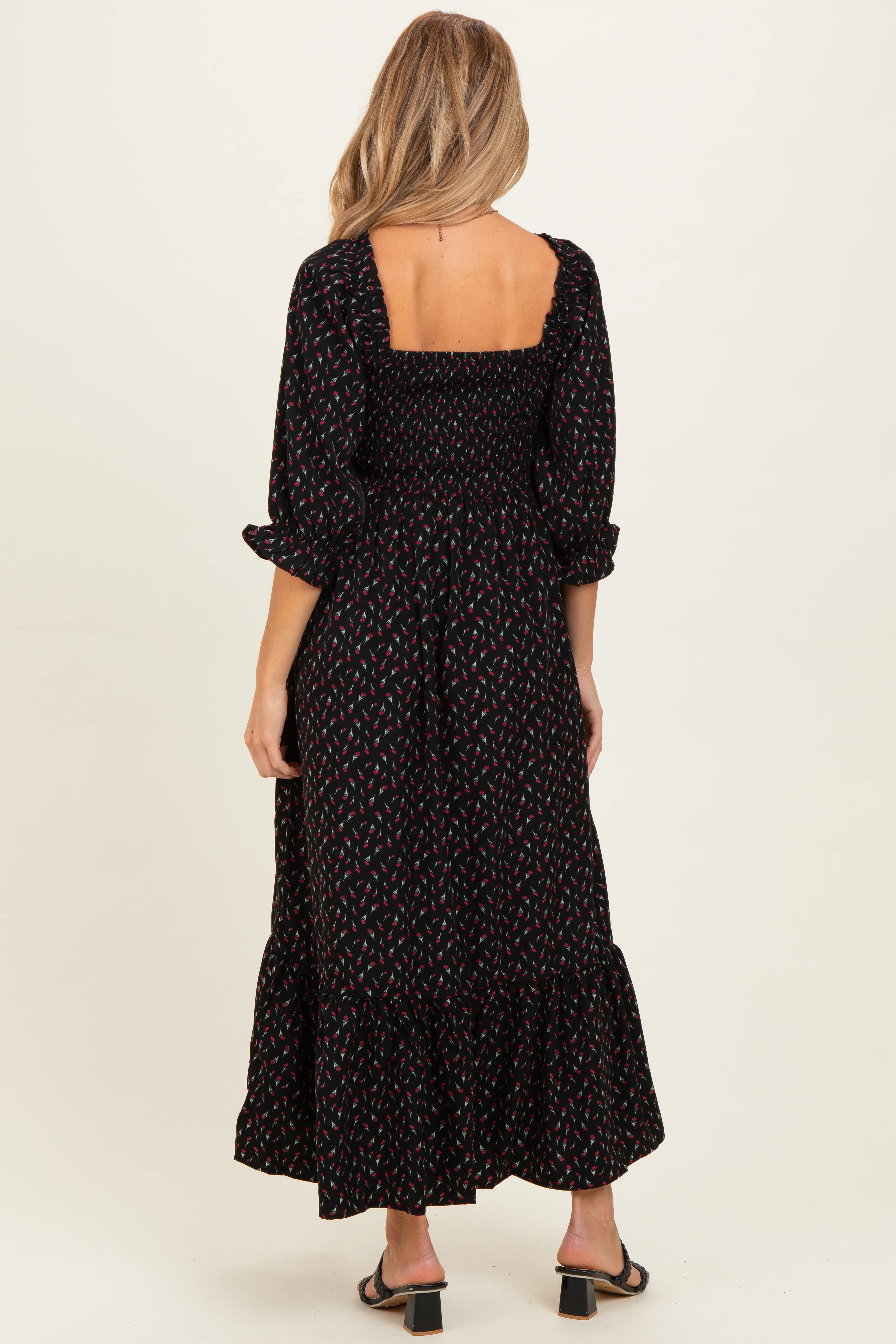 Black Floral 3/4 Sleeve Maternity Maxi Dress - Image 4