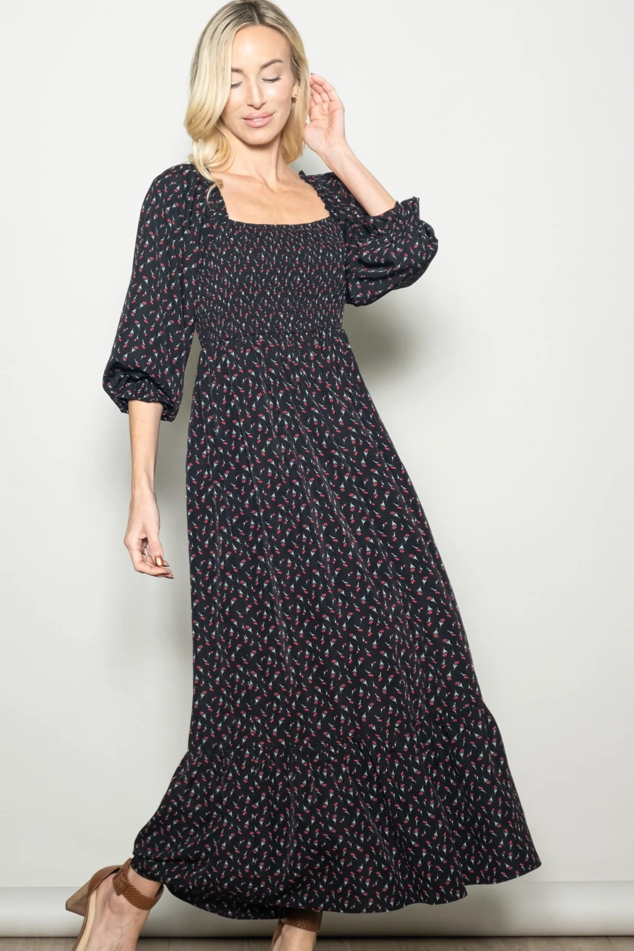 Black Floral 3/4 Sleeve Maternity Maxi Dress - Image 5