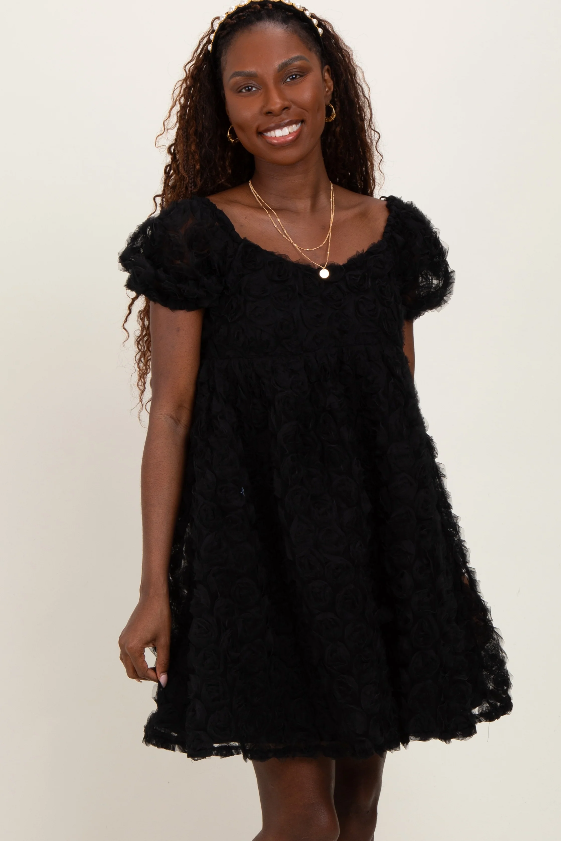 Black Floral Applique Overlay Maternity Dress - Image 5