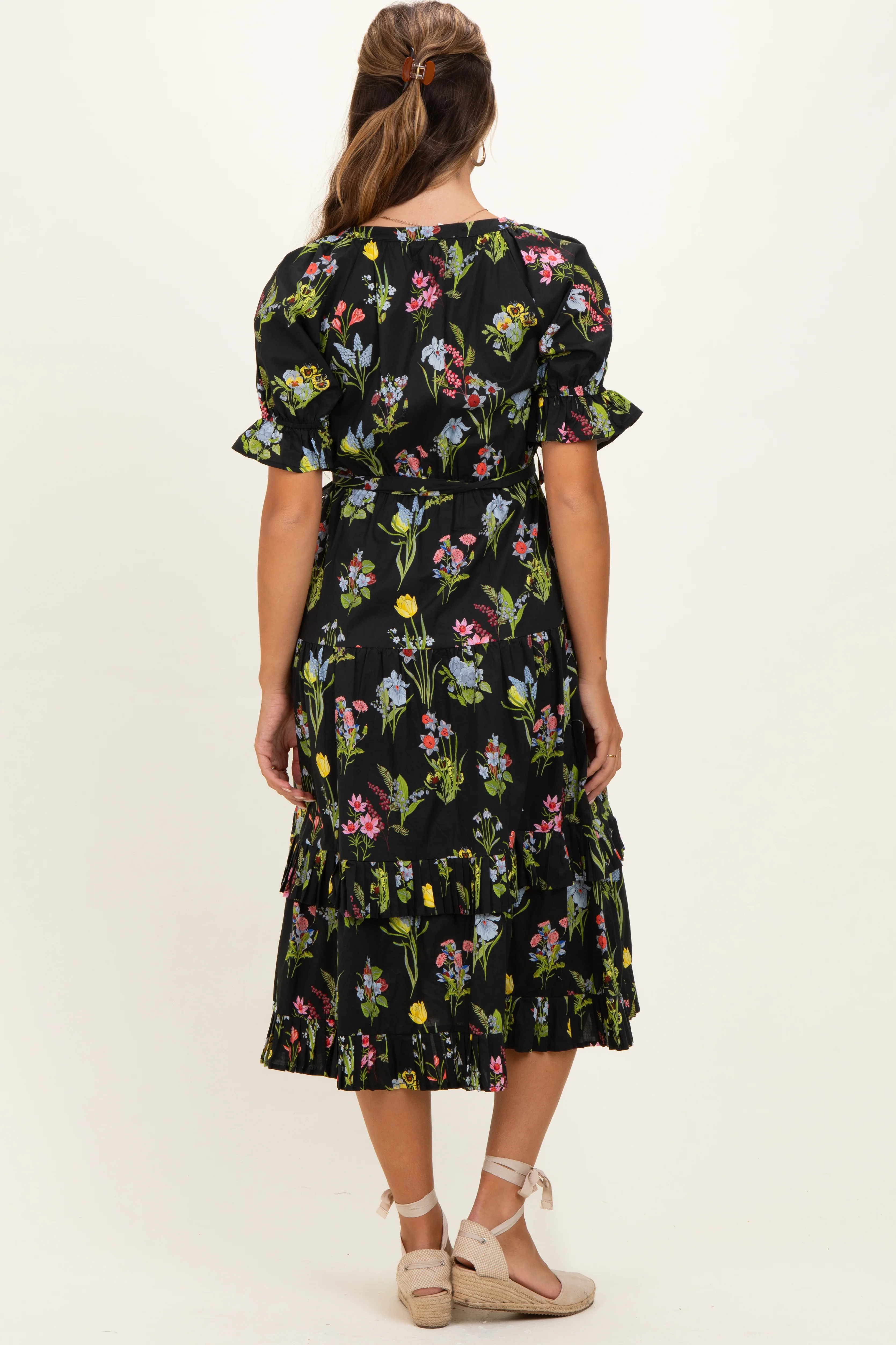 Black Floral Belted Tiered Maternity Midi Dress - Image 3
