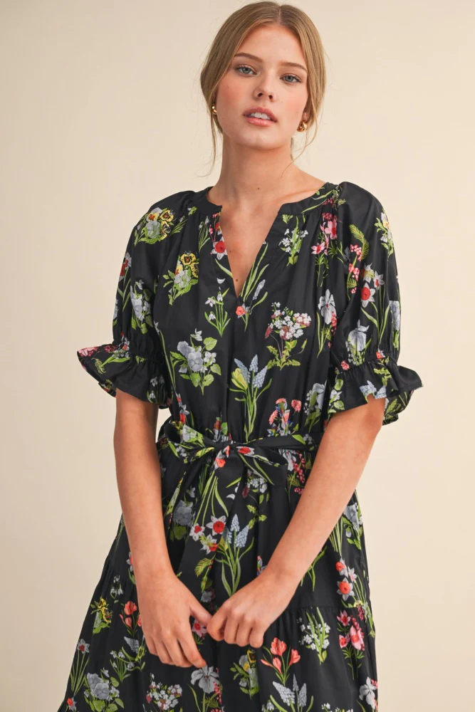 Black Floral Belted Tiered Midi Dress - Image 4