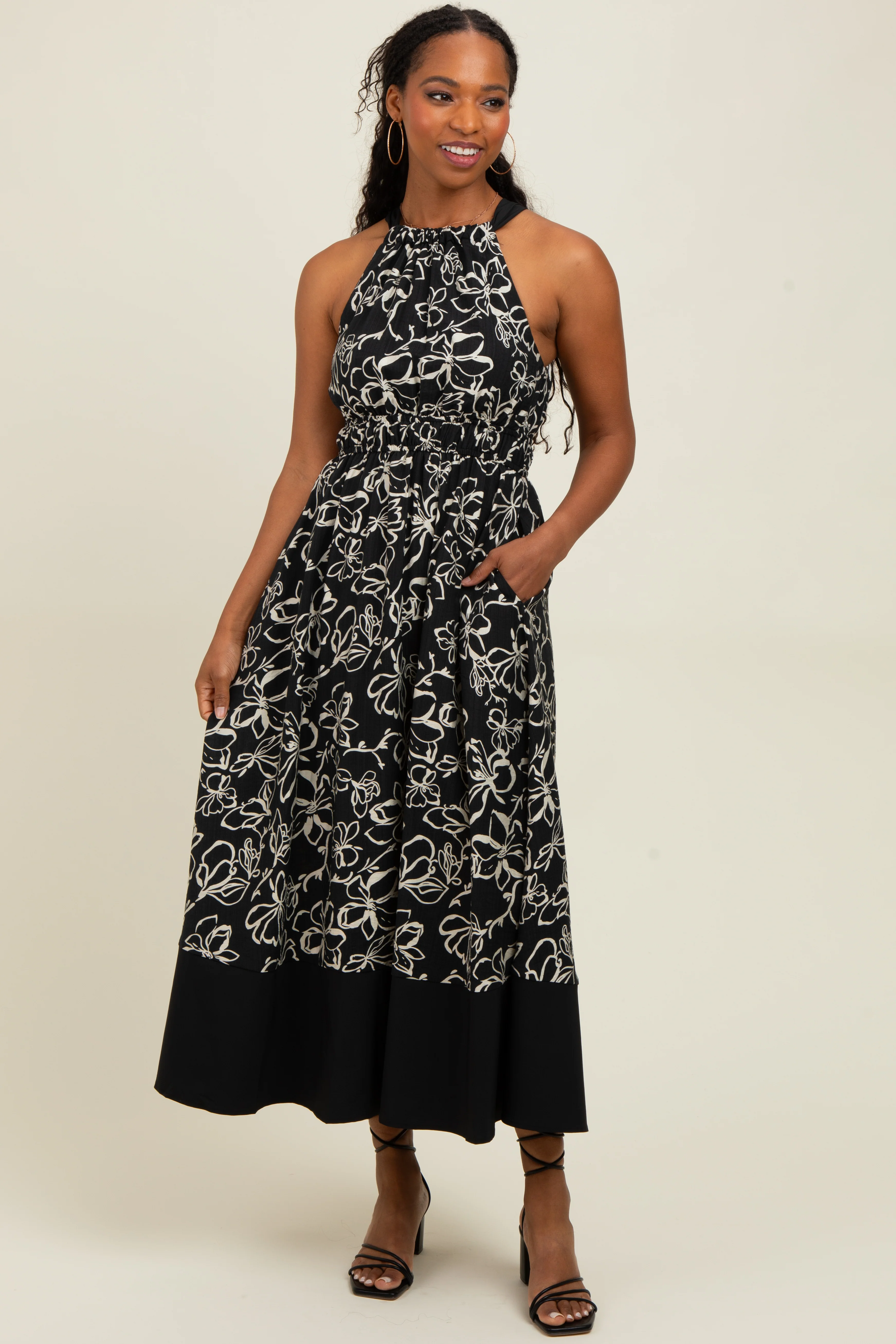 Black Floral Bow Tie Sleeveless Midi Dress - Image 2