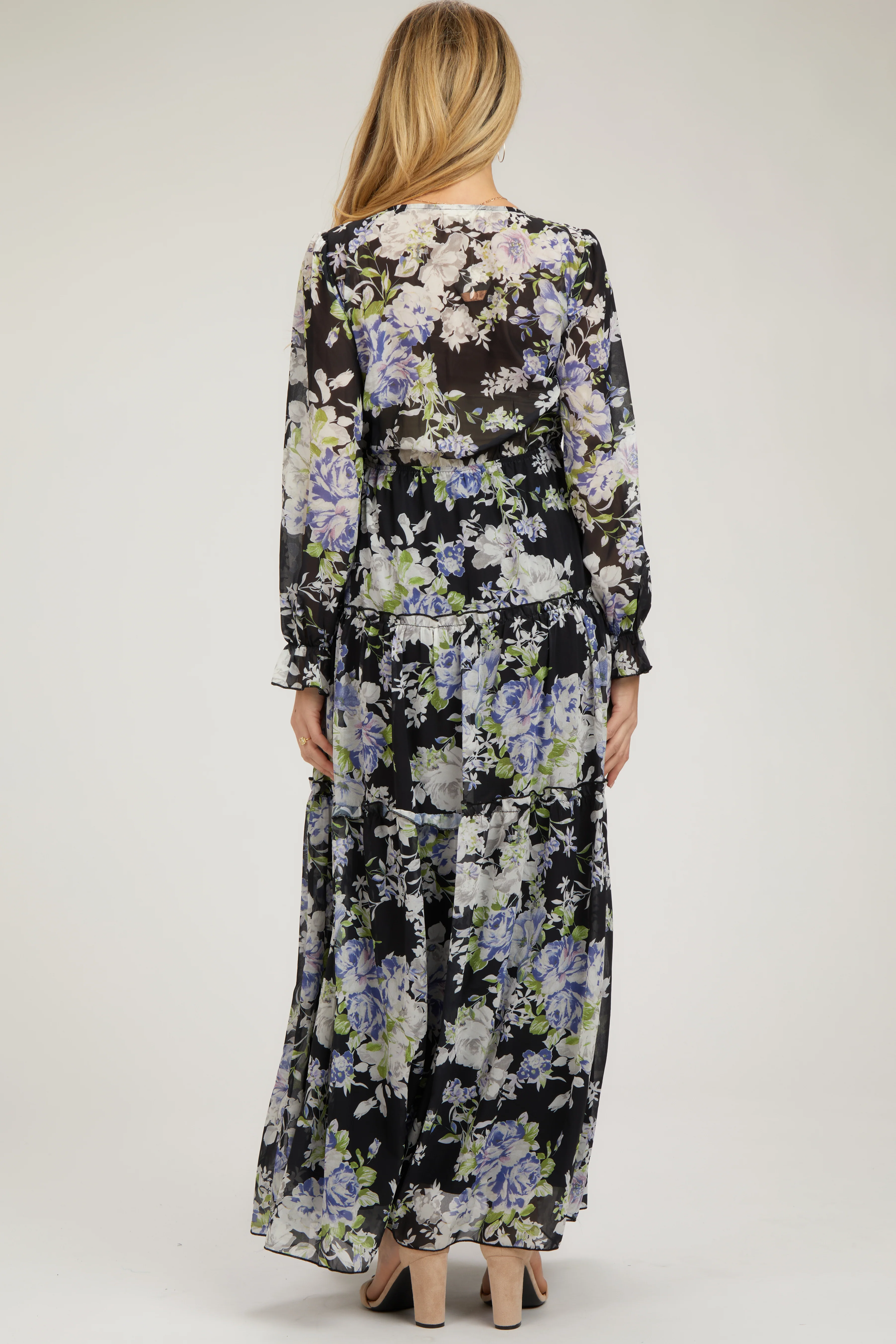 Black Floral Chiffon Deep V Ruffle Tiered Maternity Maxi Dress - Image 3
