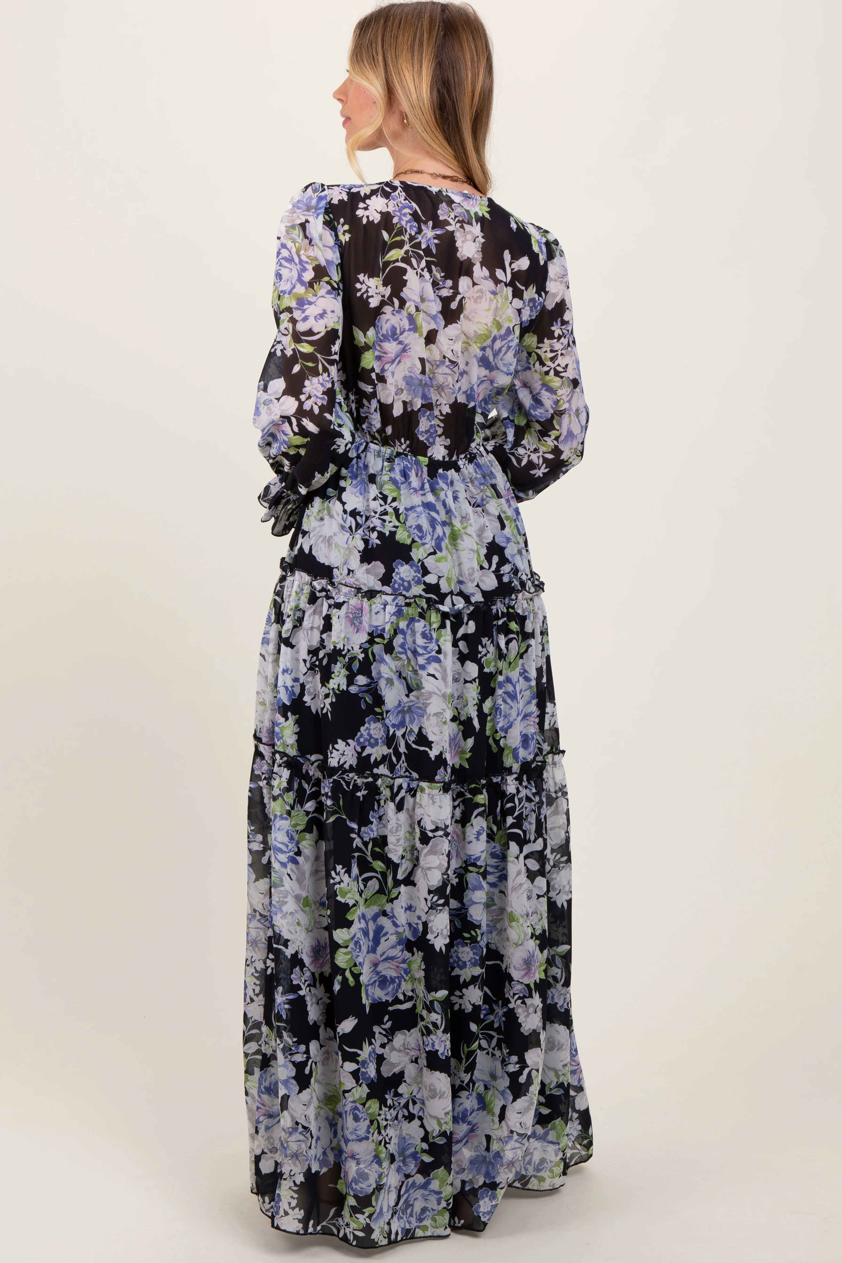 Black Floral Chiffon Deep V Ruffle Tiered Maxi Dress - Image 4