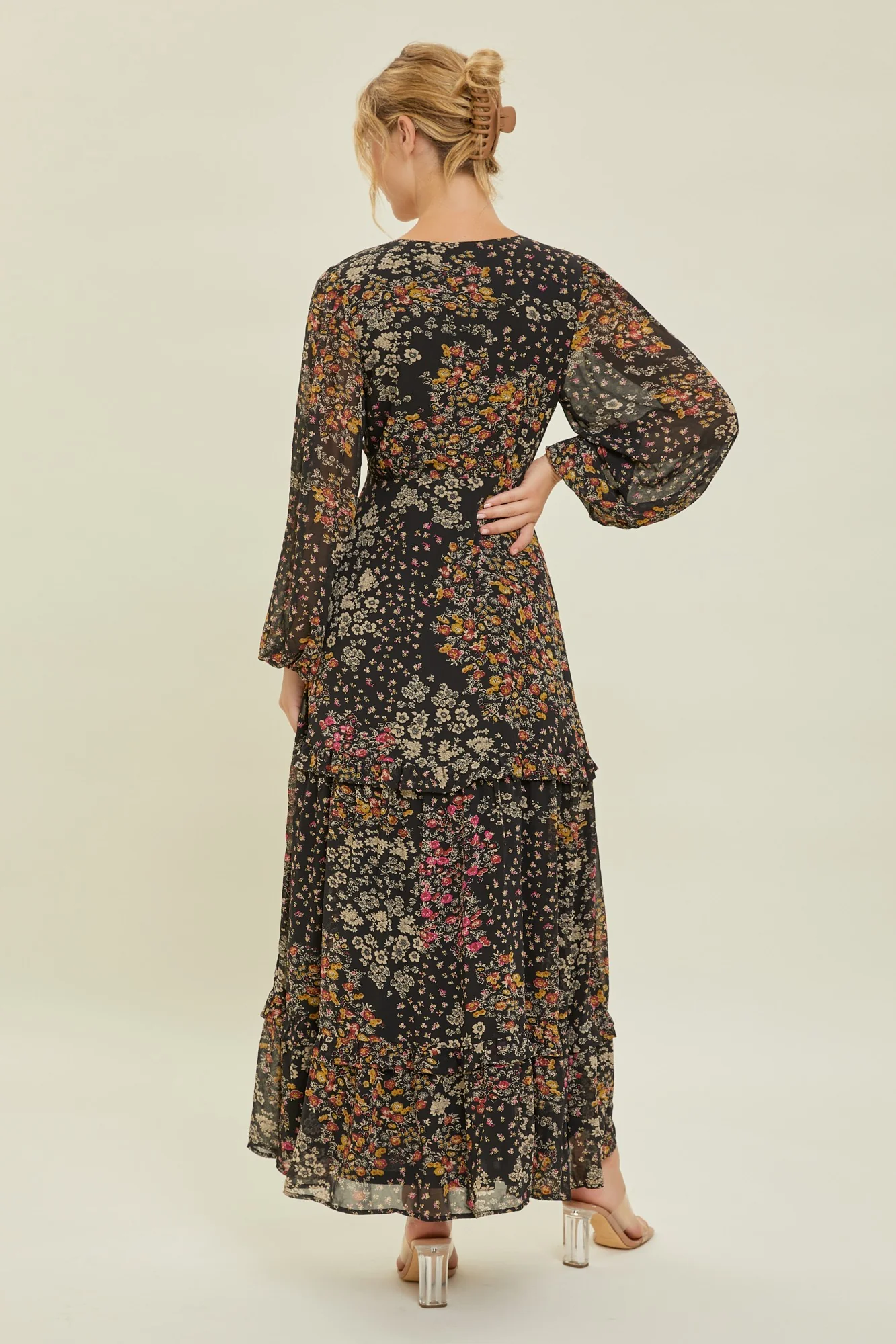 Black Floral Chiffon V-Neck Long Sleeve Maxi Dress - Image 3