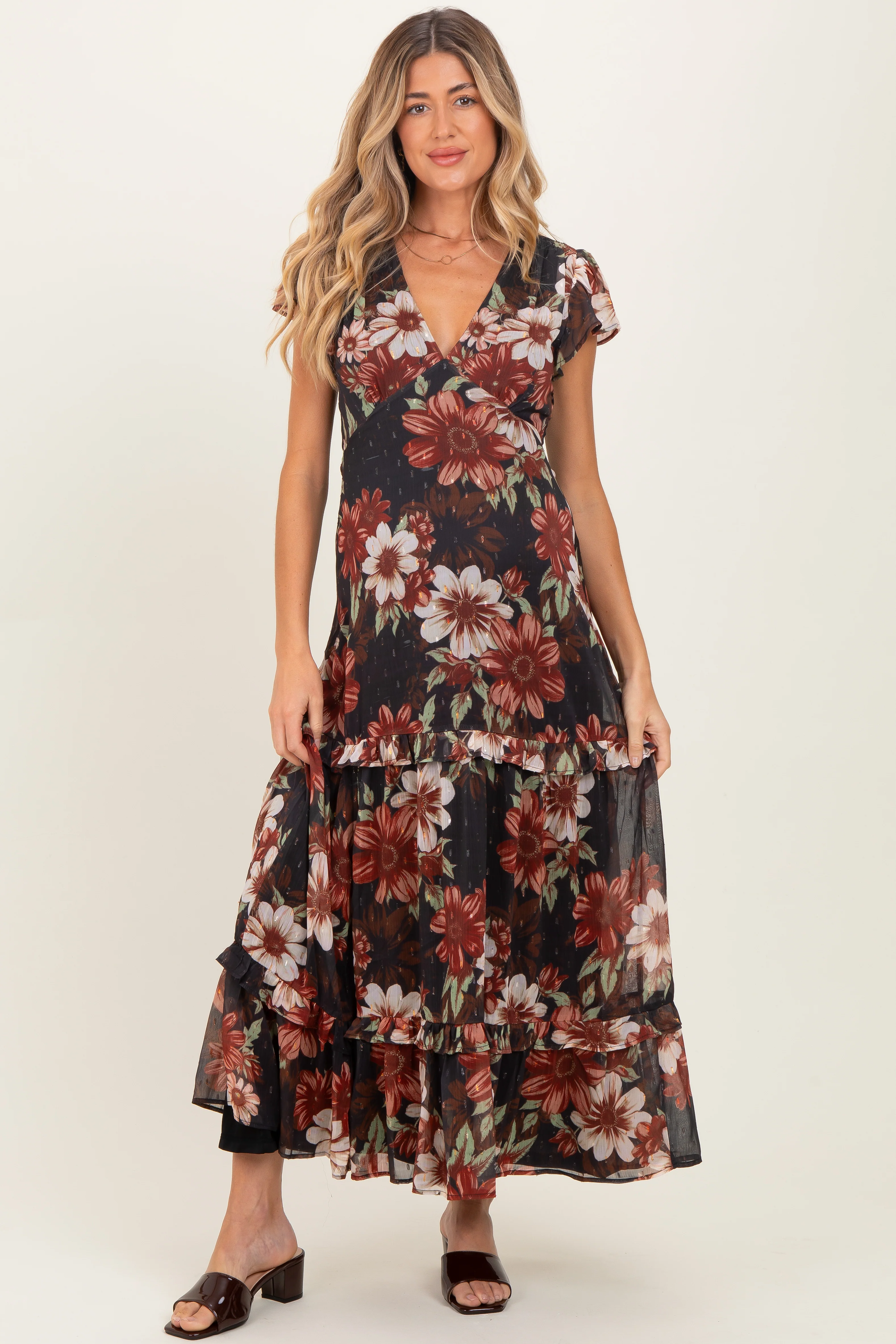 Black Floral Chiffon V-Neck Maternity Maxi Dress - Image 3
