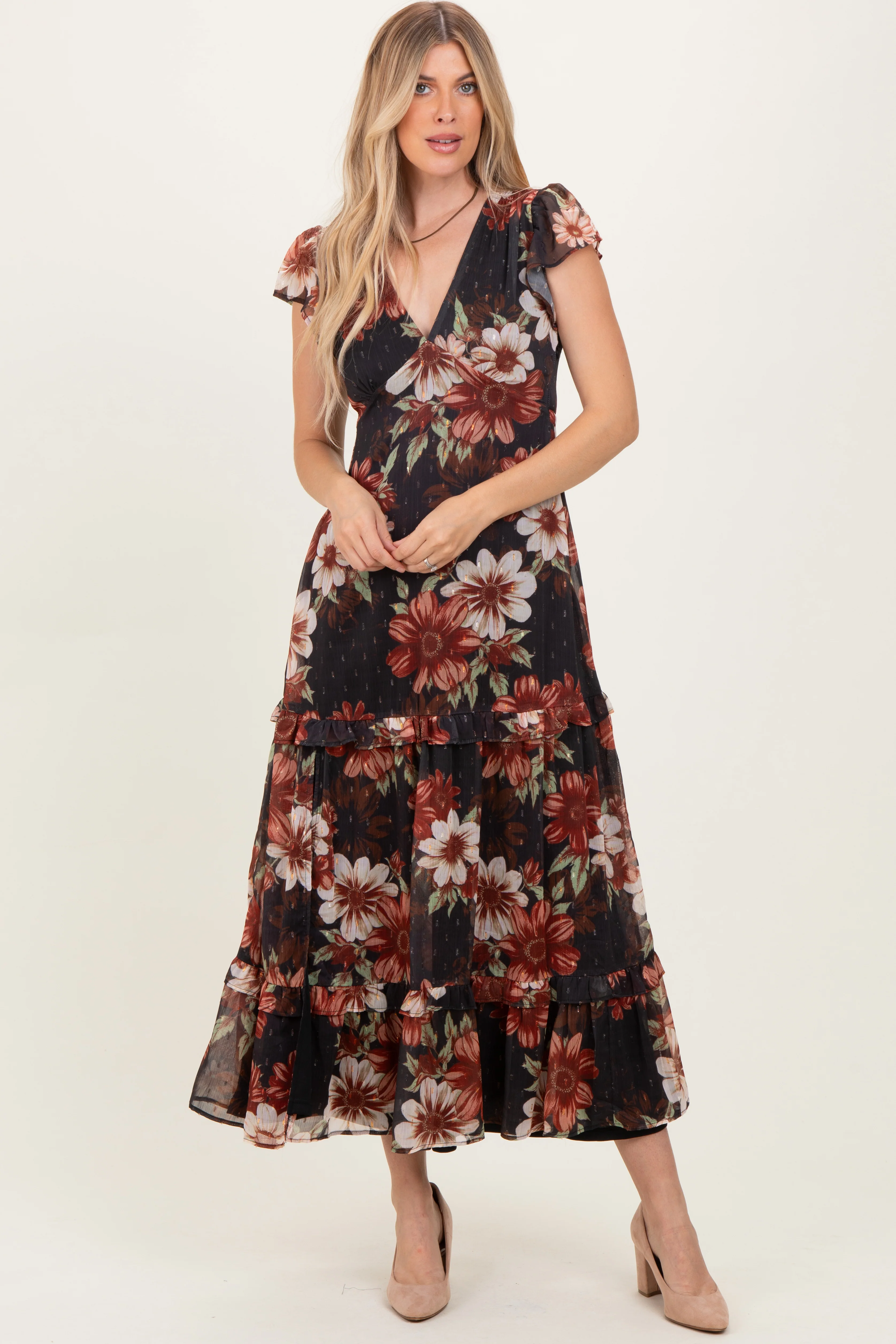 Black Floral Chiffon V-Neck Maternity Maxi Dress - Image 6