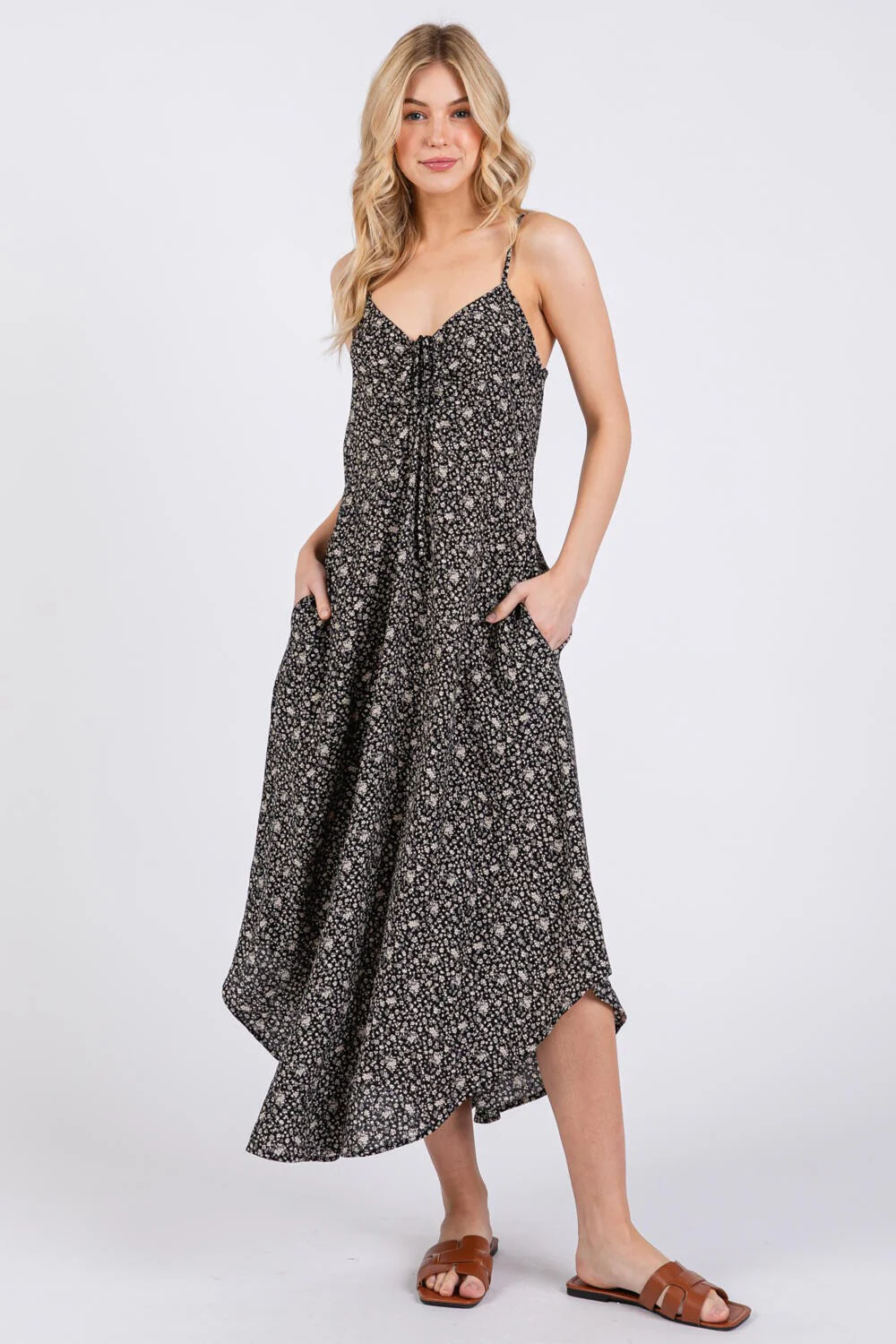 Black Floral Cinched Front Tie Maternity Midi Dress - Image 4