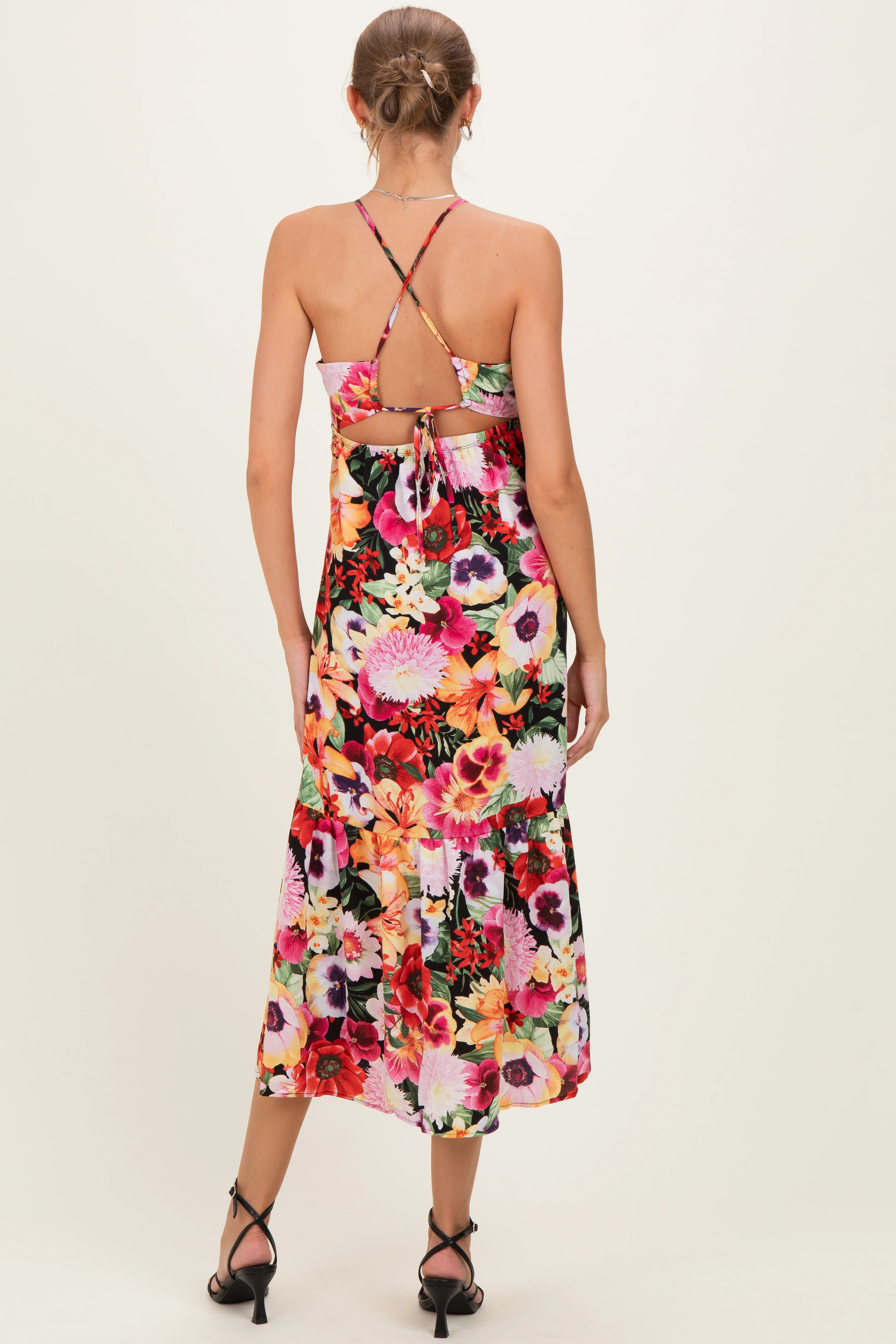 Black Floral Crisscross Back Maternity Midi Dress - Image 3