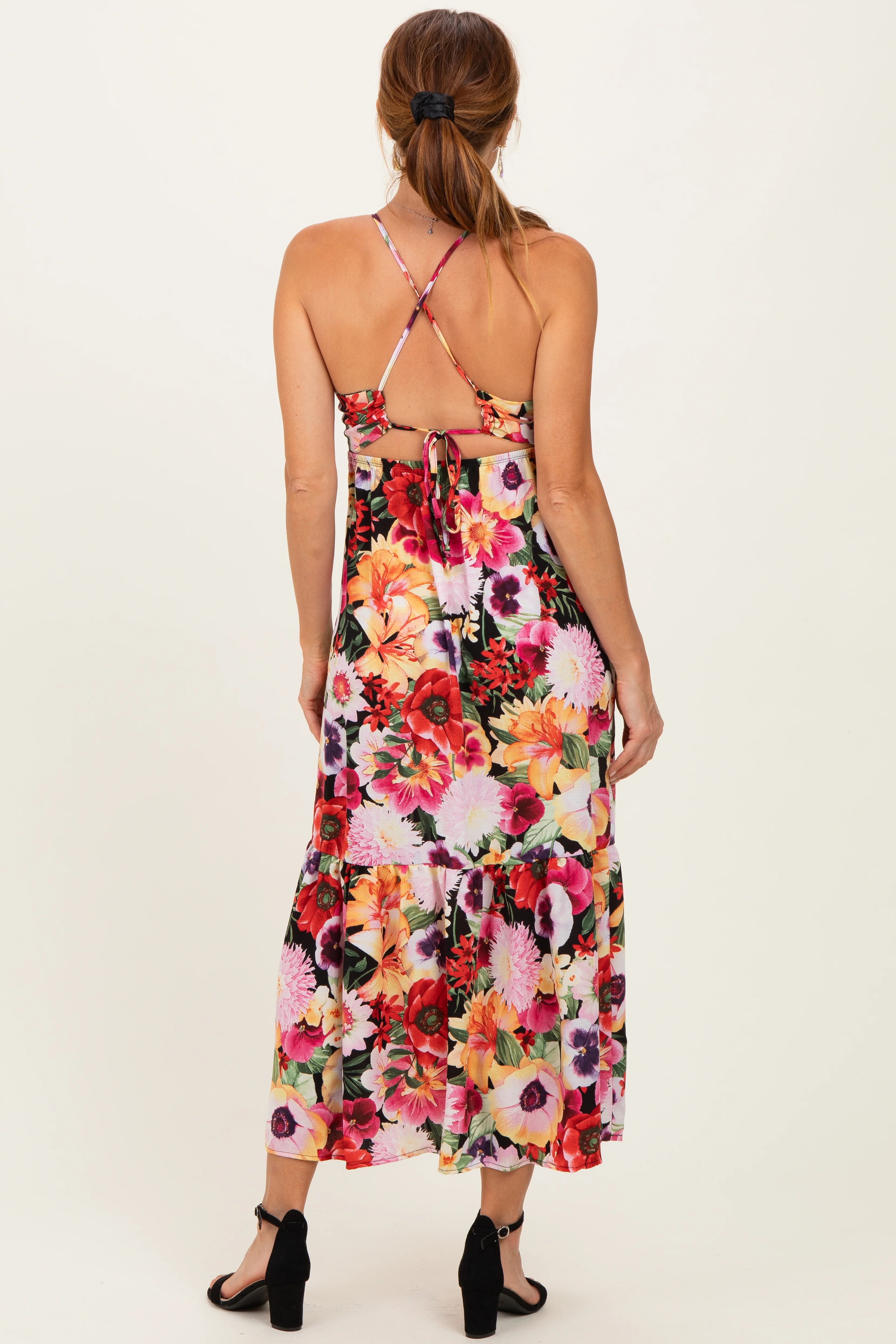 Black Floral Crisscross Back Midi Dress - Image 3