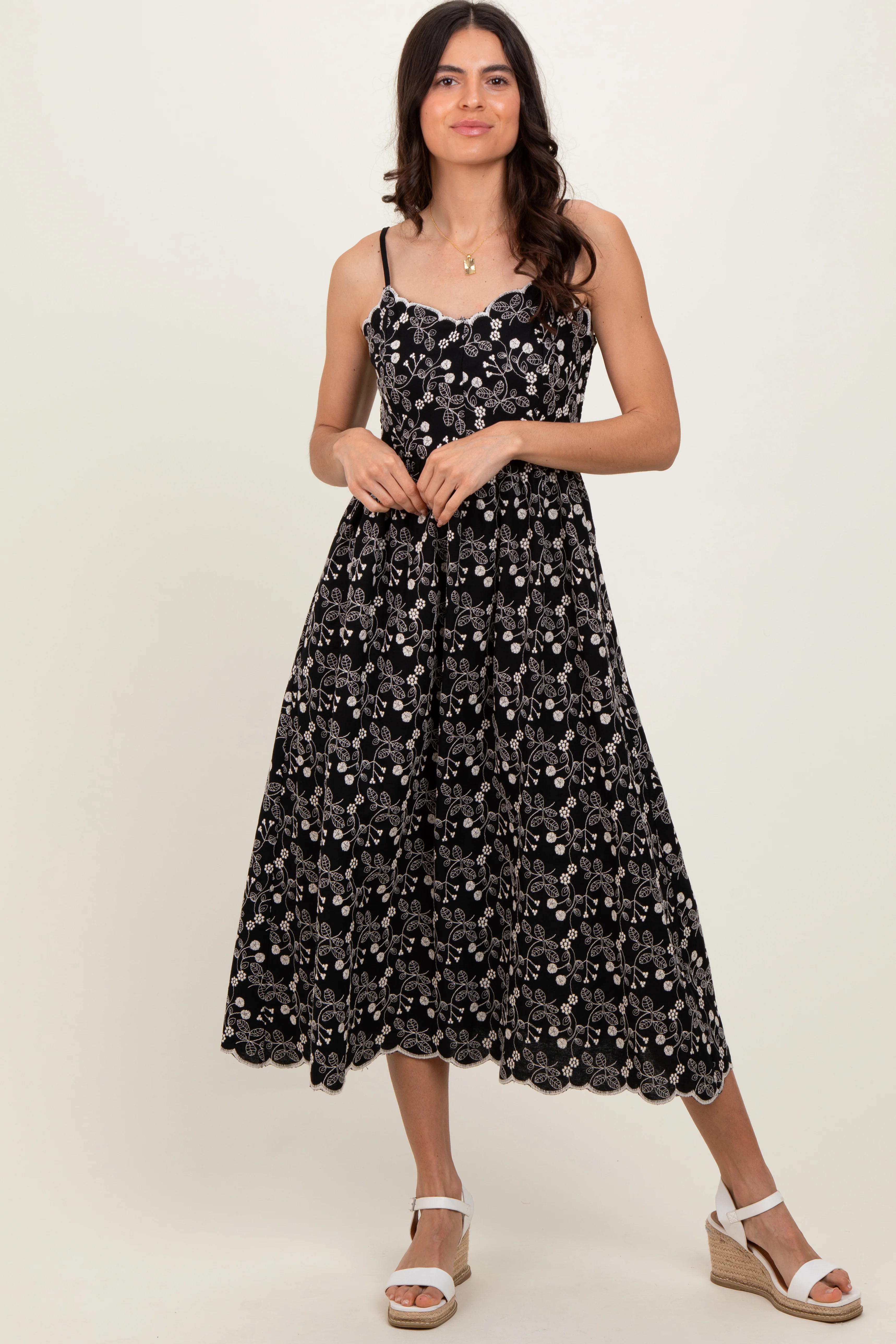 Black Floral Embroidered Scallop Detail Midi Dress - Image 2