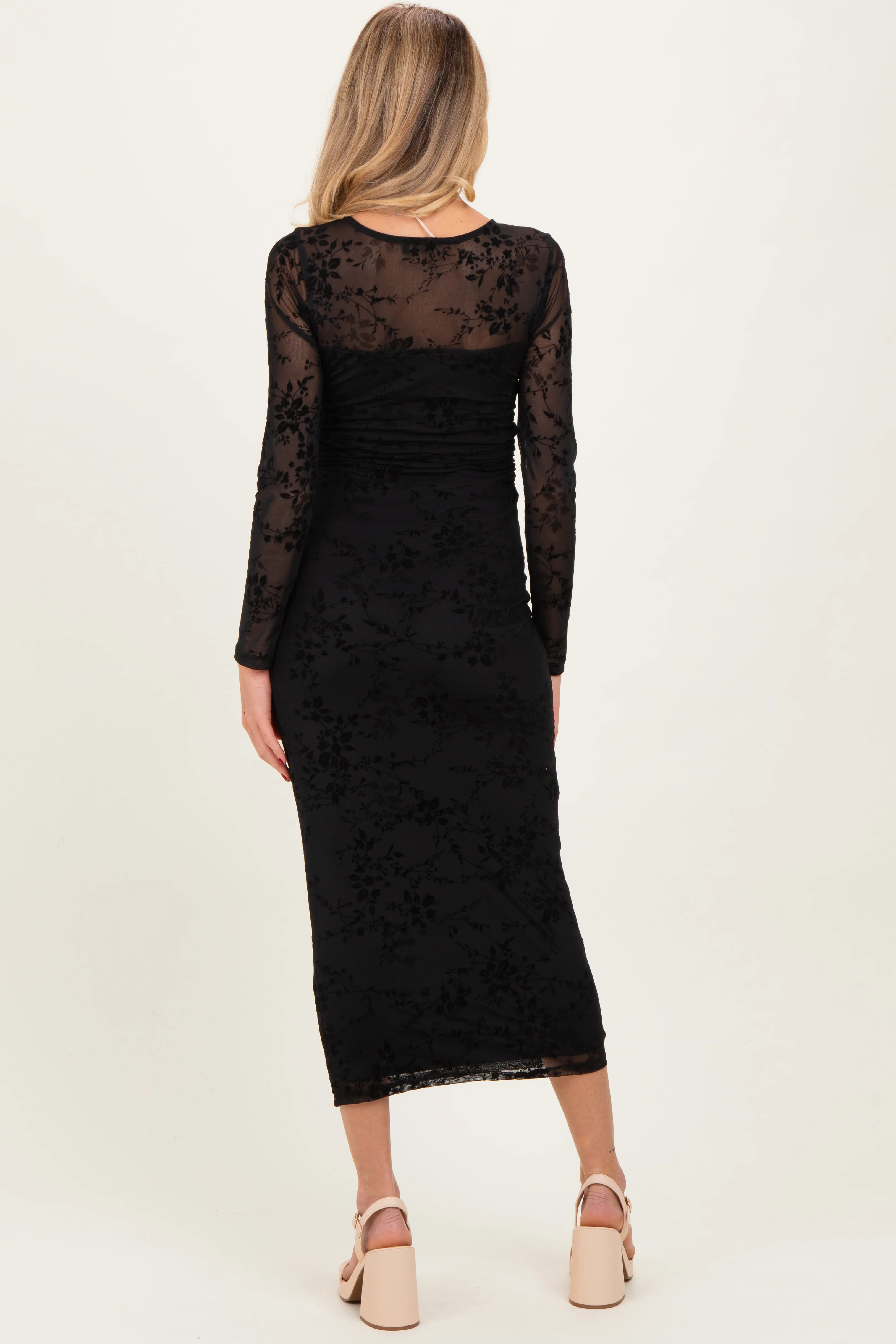 Black Floral Flocked Mesh Long Sleeve Maternity Midi Dress - Image 4