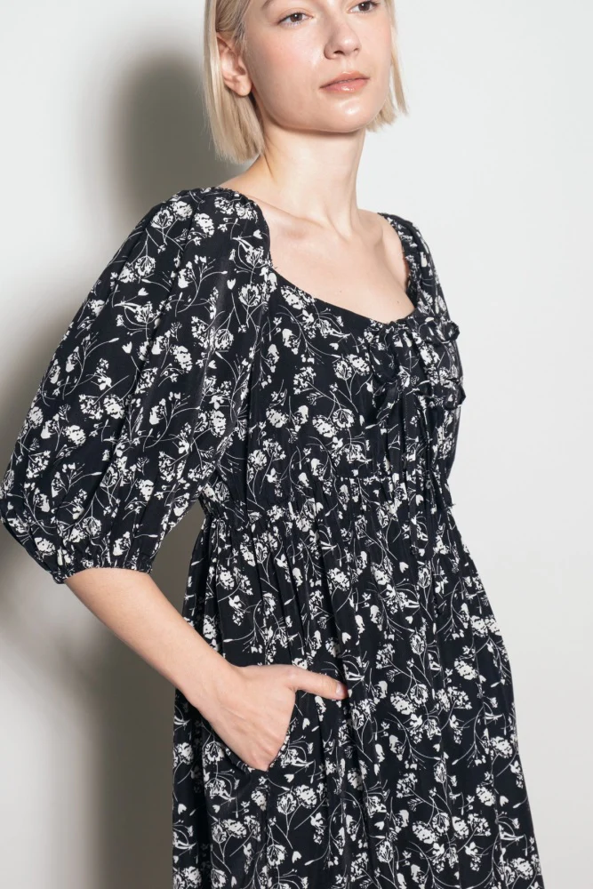 Black Floral Front Tie Puff Sleeve Midi Dress - Image 4